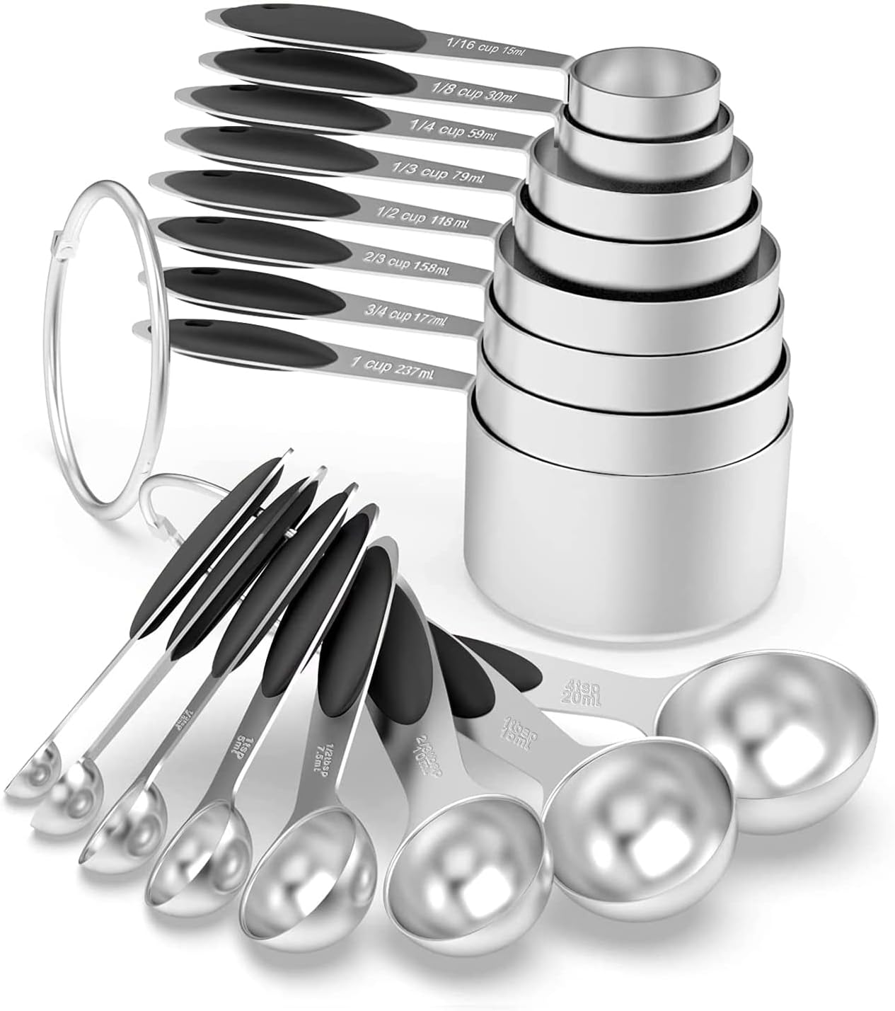 Measuring Cups & Spoons Set of 16, Wildone Stainless Steel Measuring Cups and Measuring Spoons with Black Silicone Handle, Including 8 Nesting Cups, 8 Spoons, for Dry and Liquid Ingredient