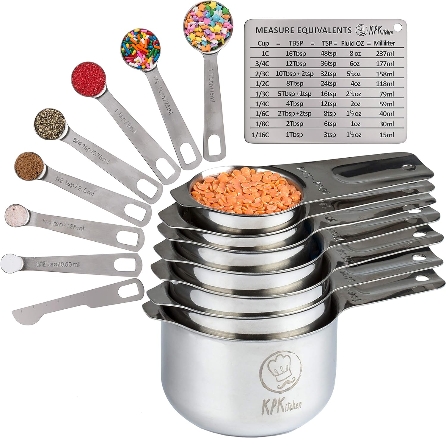 Stainless Steel Measuring Cups and Spoons Set of 16-7 Cup & 7 Spoon + Conversion Chart & Leveler - Kitchen Measuring Spoons and Cups - Dry Measure Cups Stainless Steel & Baking Metal Measuring Cups