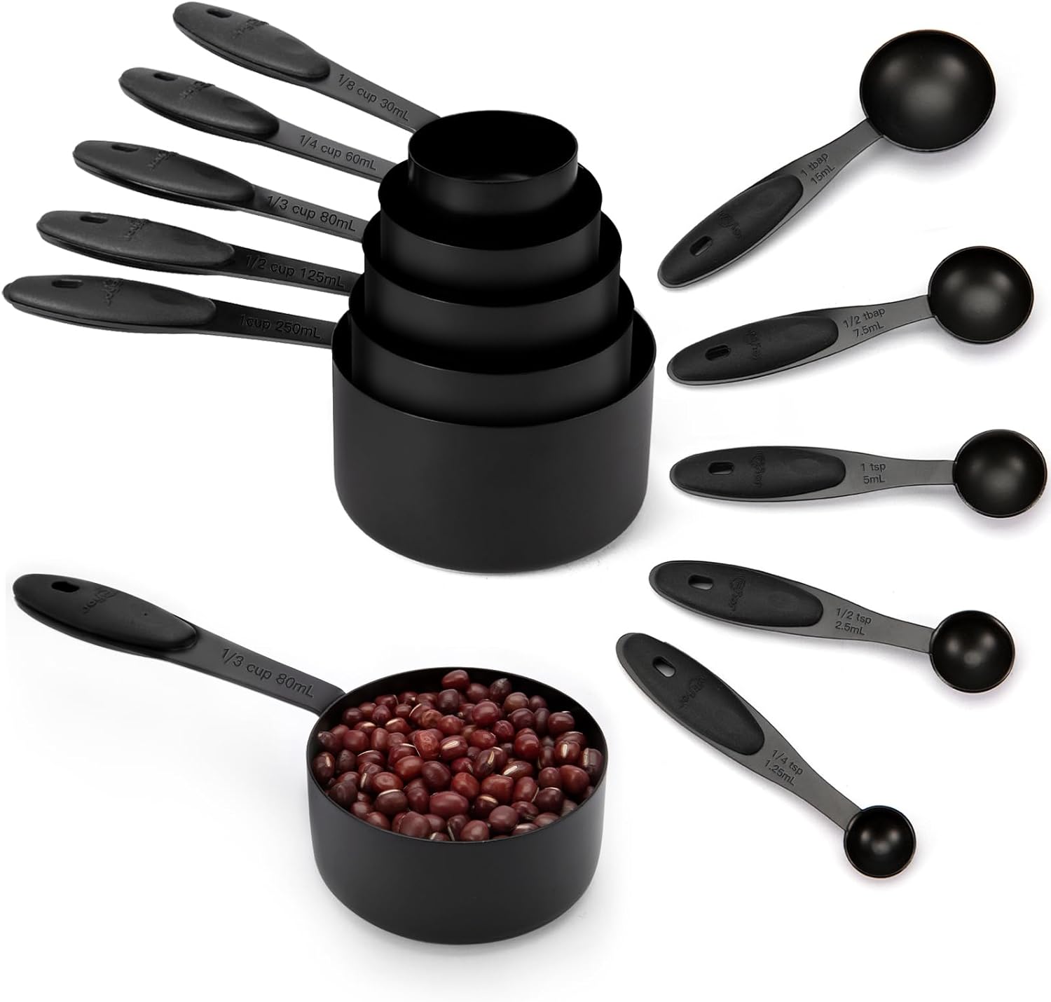 Joyhill Measuring Cups and Spoons Set of 10 Piece, Stainless Steel Measuring Cups with Soft Touch Silicone Handles, Nesting Metal Measuring Cups for Dry & Liquid Ingredients, Cooking & Baking (Black)