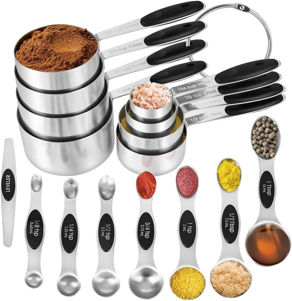 16 Pieces Measuring Cups and Magnetic Measuring Spoons Set Stainless Steel,8 Measure Cups with Silicone Handle and 7 Double Sided Magnetic Measure Spoons & 1 Leveler