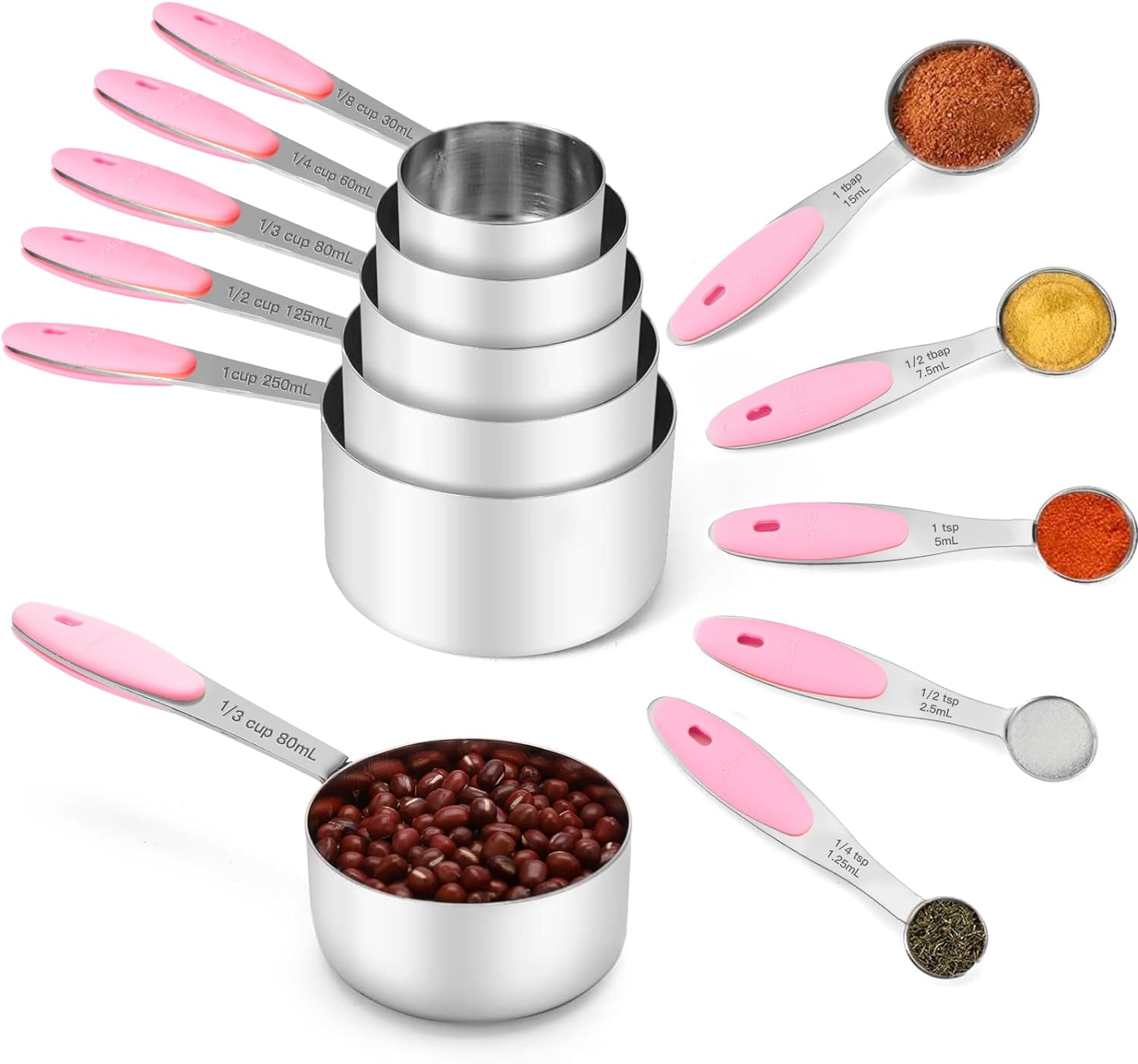 Joyhill Stainless Steel Measuring Cups and Spoons Set of 10 Piece, Nesting Metal Measuring Cups Set with Soft Touch Silicone Handles for Dry and Liquid Ingredients, Cooking & Baking (Pink)