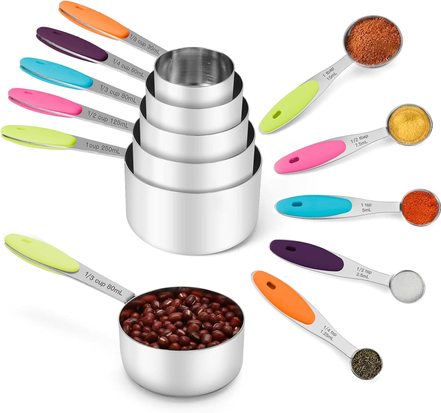 Joyhill Stainless Steel Measuring Cups and Spoons Set of 10 Piece, Nesting Metal Measuring Cups Set with Soft Touch Silicone Handles for Dry and Liquid Ingredients, Cooking & Baking (Colorful)