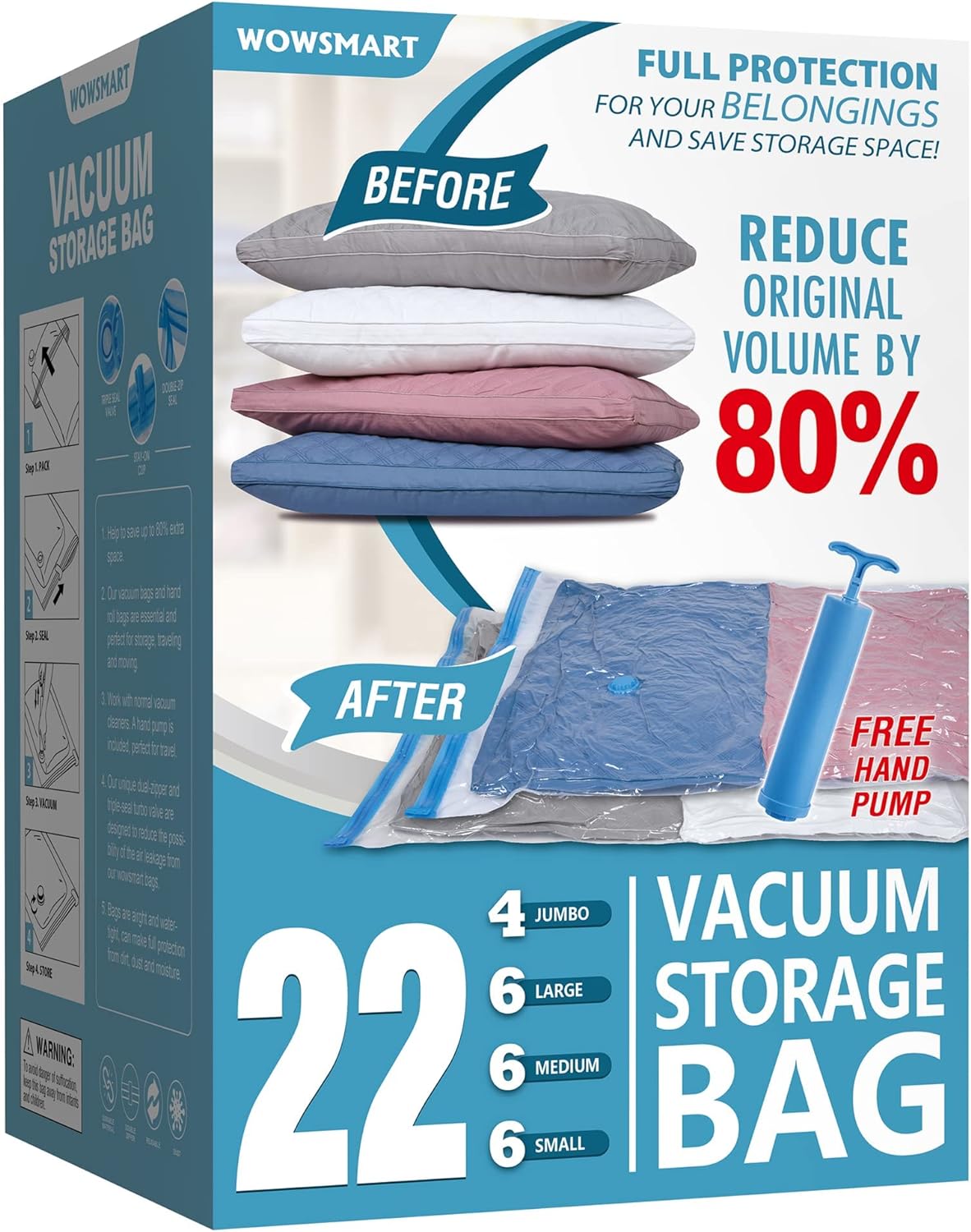 22 Space Saver Vacuum Storage Bags, Vacuum Sealed Storage Bags (4 Jumbo/6 Large/6 Medium/6 Small) with Hand Pump, Vacuum Seal Bags for Clothing, Comforters, Pillows, Towel, Blanket Storage, Bedding