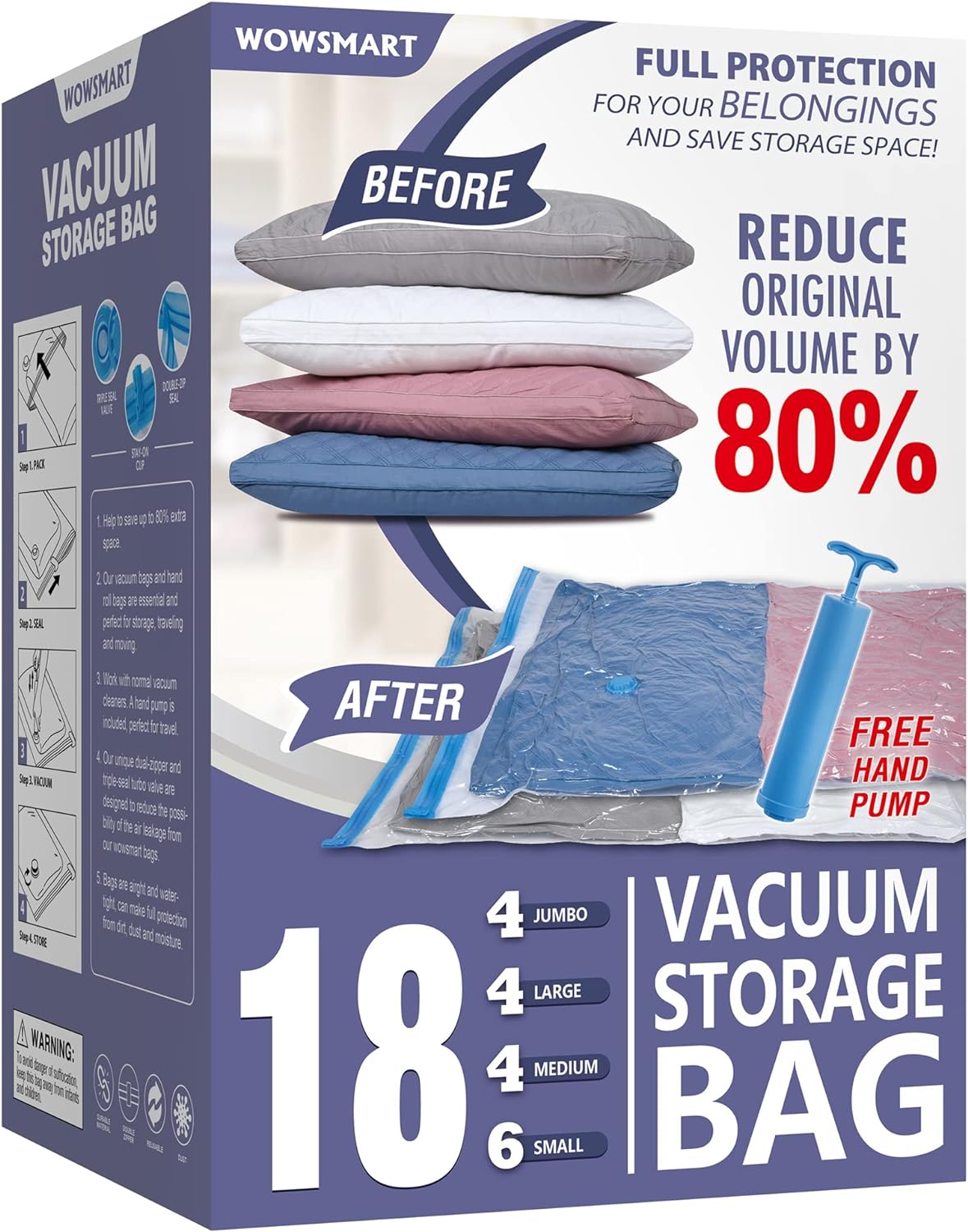 18 Space Saver Vacuum Storage Bags, Vacuum Sealed Storage Bags (4 Jumbo/4 Large/4 Medium/6 Small) with Hand Pump, Vacuum Seal Bags for Clothing, Comforters, Pillows, Towel, Blanket Storage, Bedding