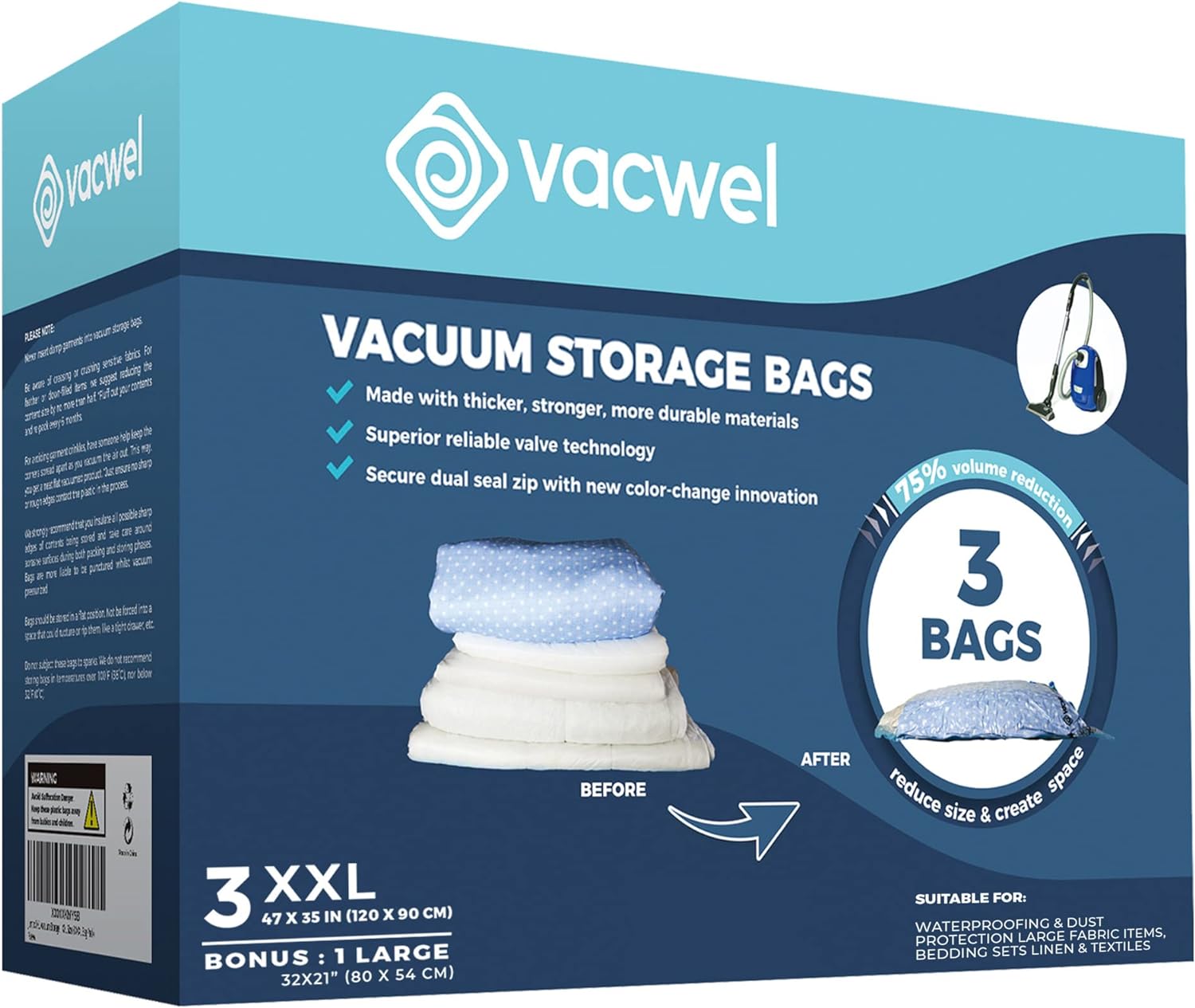 3-Pack XXL,Vacuum Storage Bags,Space Saver Bags for Clothes Storage  XL Comforters,Mattress Topper,3x XXL Bags (47x35in),Bonus 1x Large Bag (32x21in)