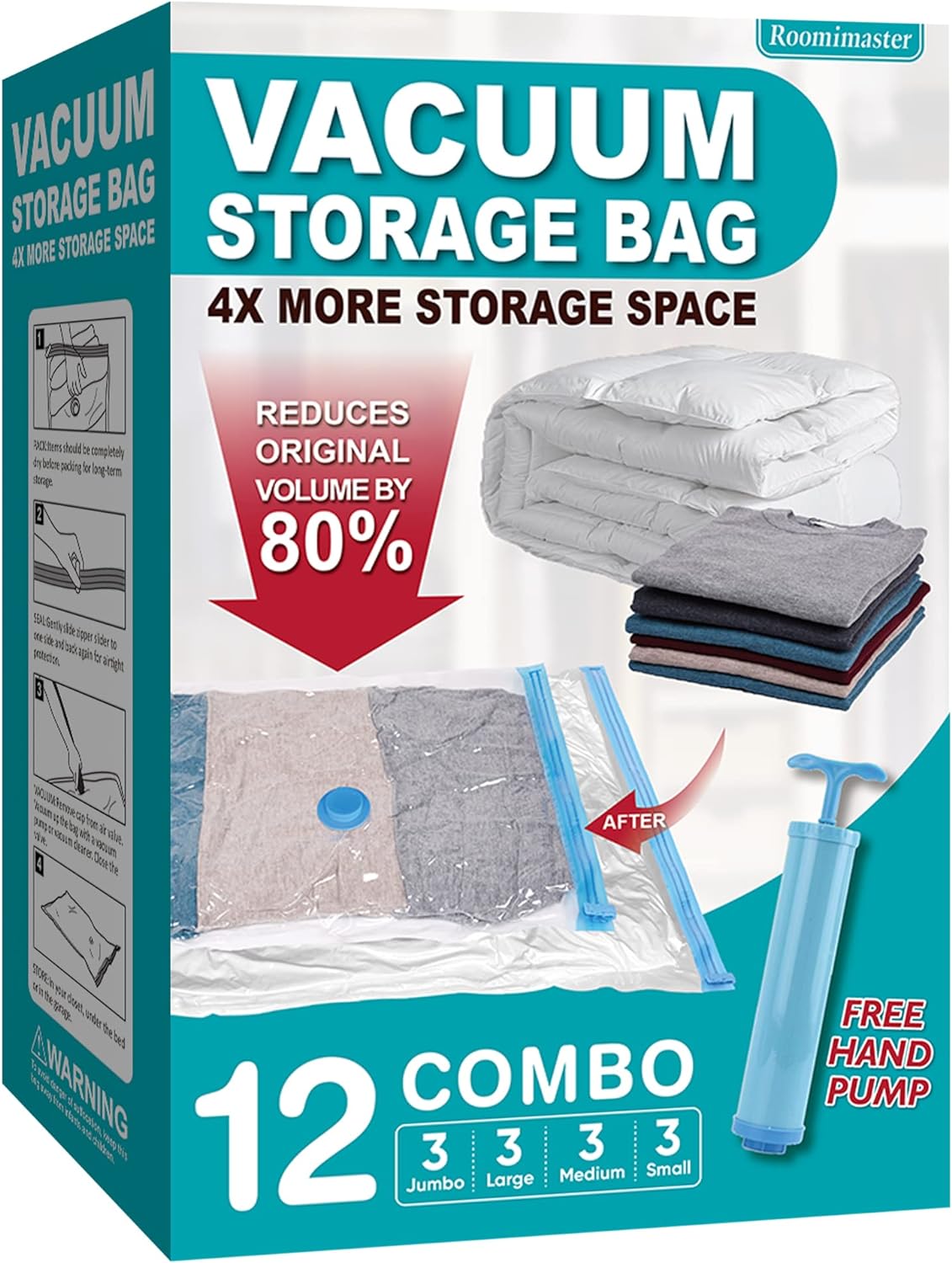 12 Combo Vacuum Storage Bags (3 Jumbo/3 Large/3 Medium/3 Small), Space Saver Bags Vacuum Seal Bags with Pump, Space Bags, Vacuum Sealer Bags for Clothes, Comforters, Blankets, Bedding