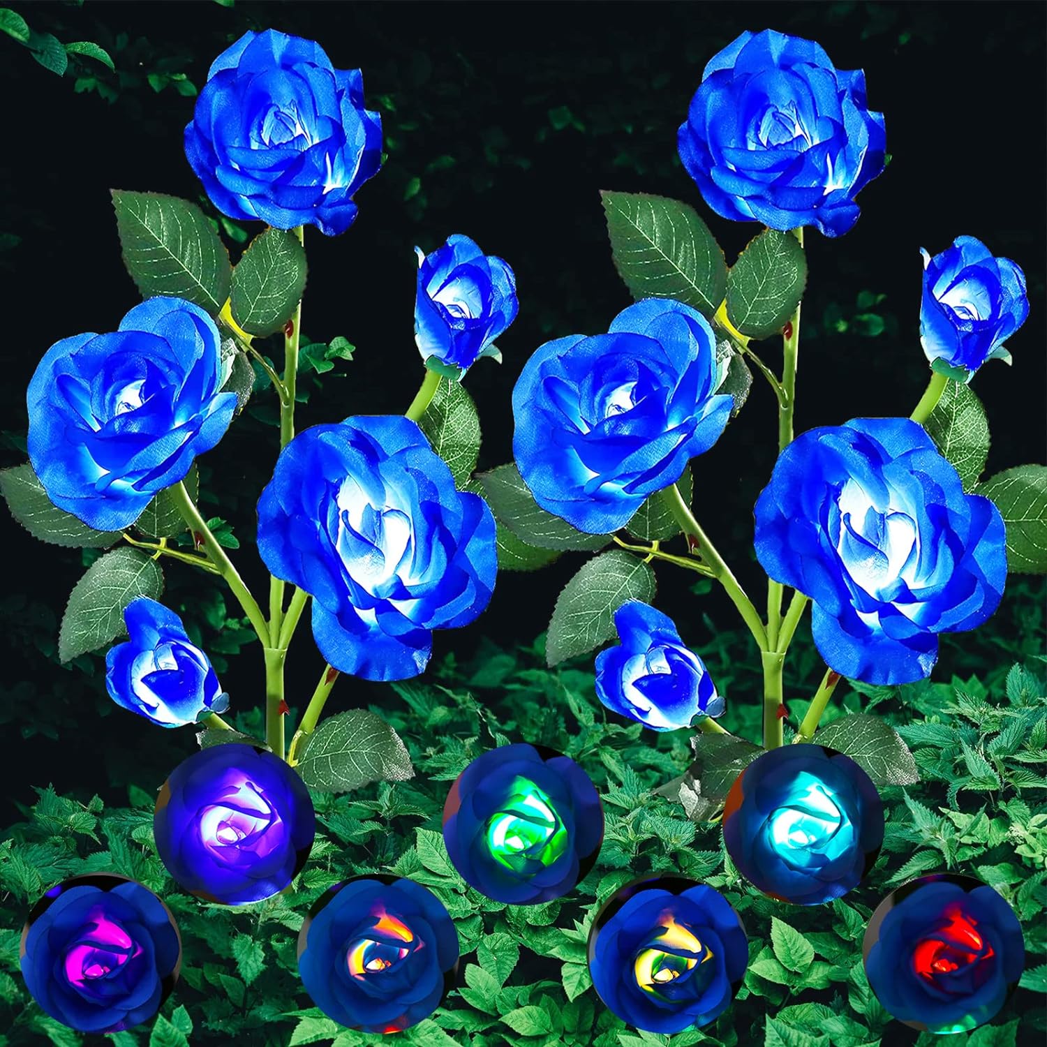 ANGMLN 2 Pack Solar Garden Lights, Solar Flower Lights Outdoor Waterproof with 10 Head Blue Rose 7-Color Changing Landscape Lights for Garden Yard Pathway Patio Grave Cemetery Decoration