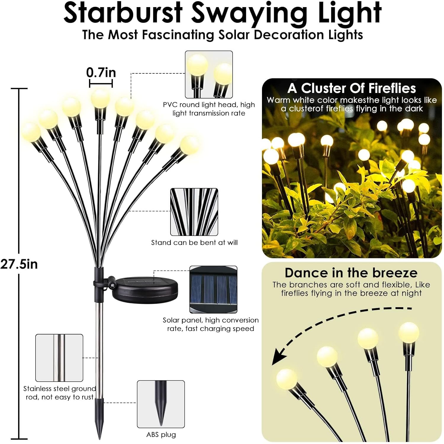 2024 Solar Garden Lights, 4 Pack Solar Firefly Lights, Solar Sway Lights Outdoor Waterproof, Solar Twinkle Swaying Fairy Light for Yard Patio Pathway Garden Decoration (Warm White)