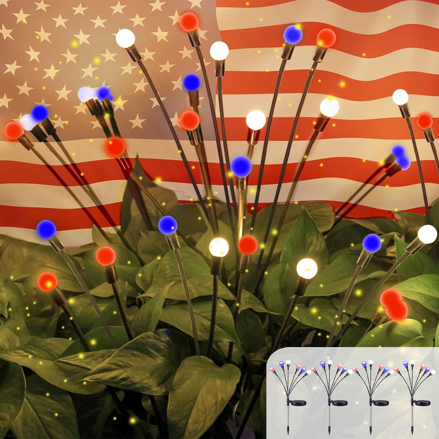 OZS 2024 4pack Solar American Flag Lights - Solar Firefly Lights Outdoor Waterproof of The United States for Memory Day, Independence Day, National Day Decoration (Red+White+Blue)