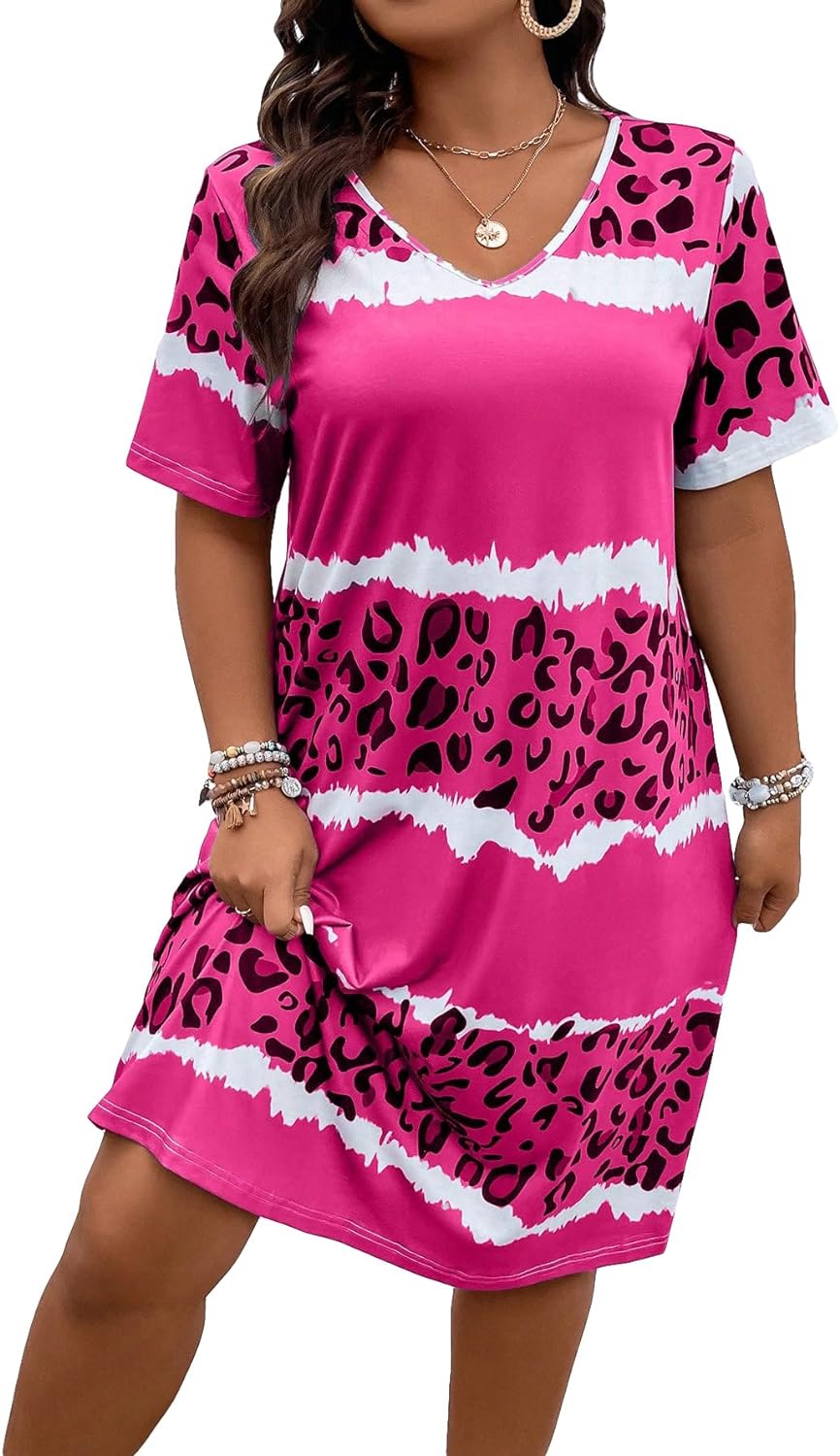 SOLY HUX Women' Plus Size Leopard Print V Neck Short Sleeve T Shirt Dress Summer Short Dresses