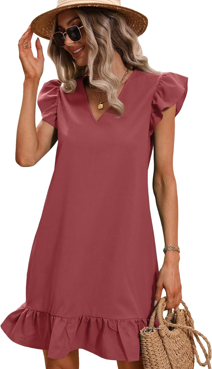 SOLY HUX Summer Dresses for Women V Neck Cap Sleeve Ruffle Hem Smock Short Dress