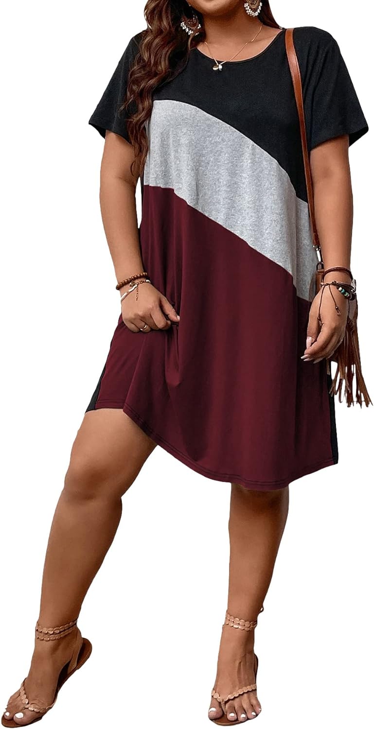 SOLY HUX Women' Plus Size Dress Color Block Short Sleeve T Shirt Dress Casual Summer Dresses