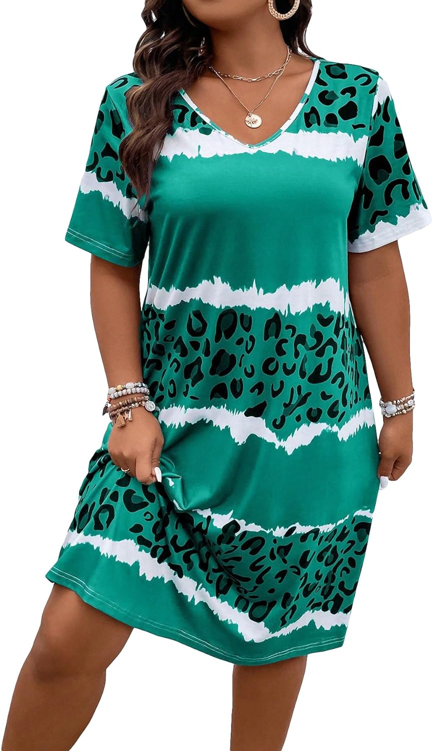 SOLY HUX Women' Plus Size Leopard Print V Neck Short Sleeve T Shirt Dress Summer Short Dresses