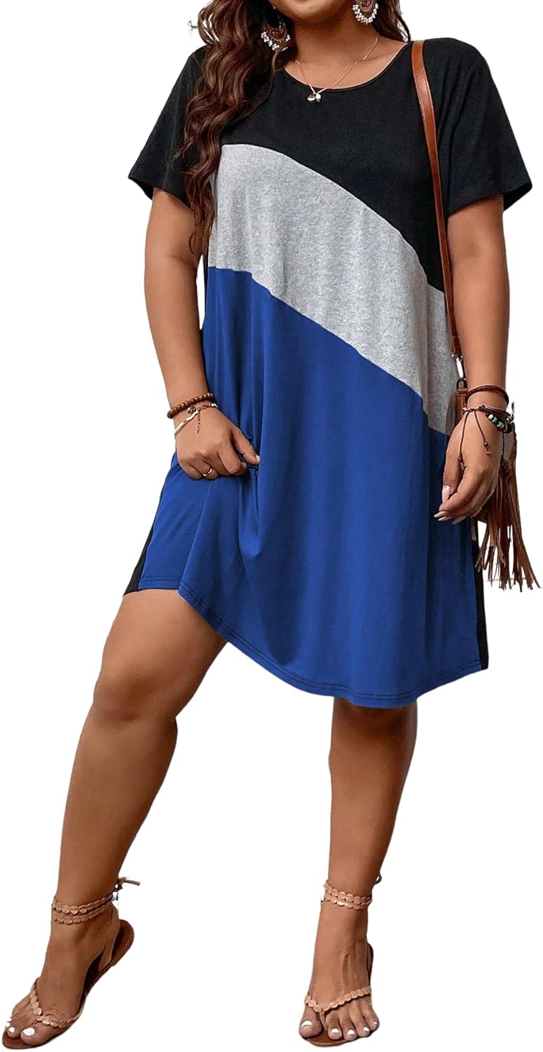 SOLY HUX Women' Plus Size Dress Color Block Short Sleeve T Shirt Dress Casual Summer Dresses