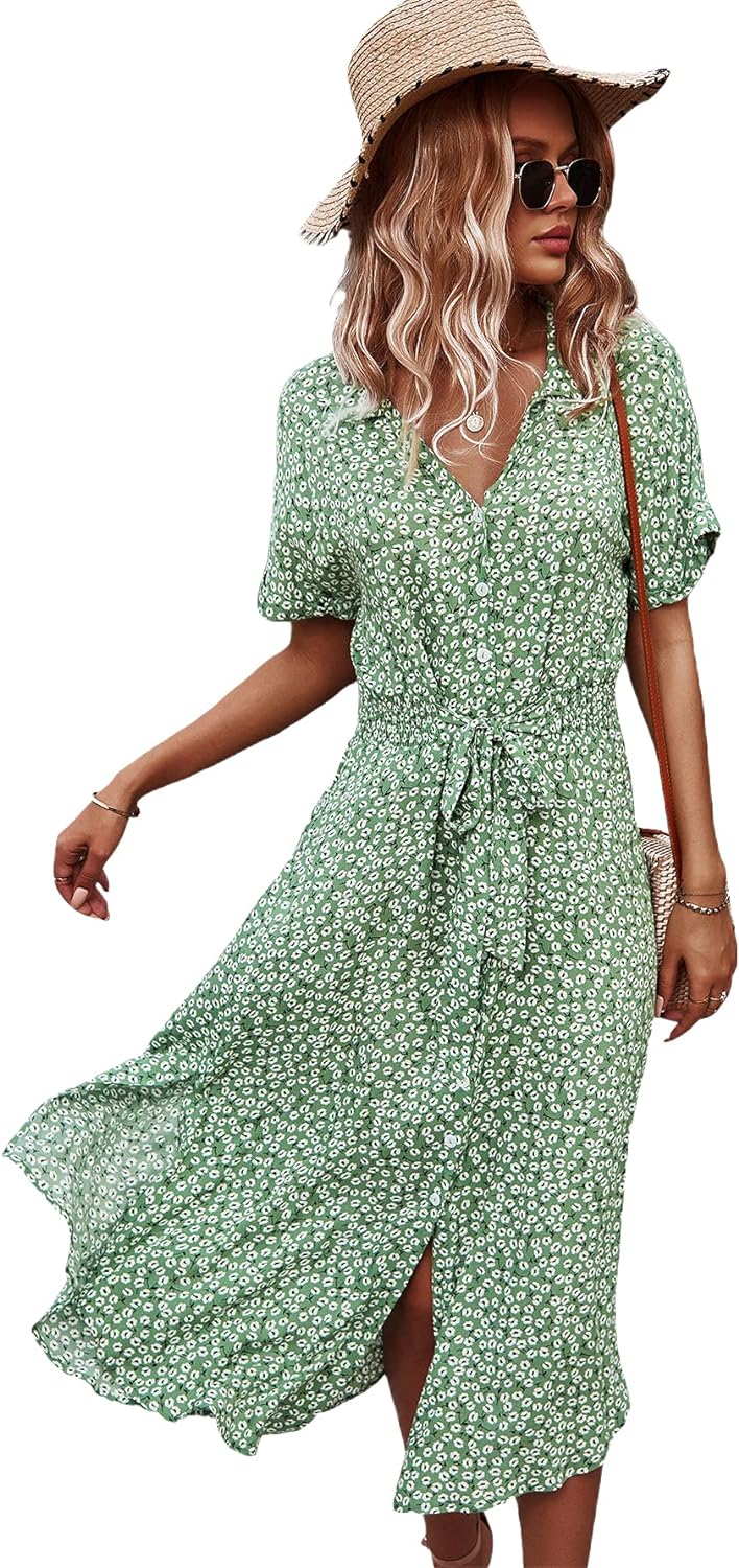 SOLY HUX Womens Summer Dress Casual Ditsy Floral Tie Front Button Up Boho Midi Tshirt Dresses