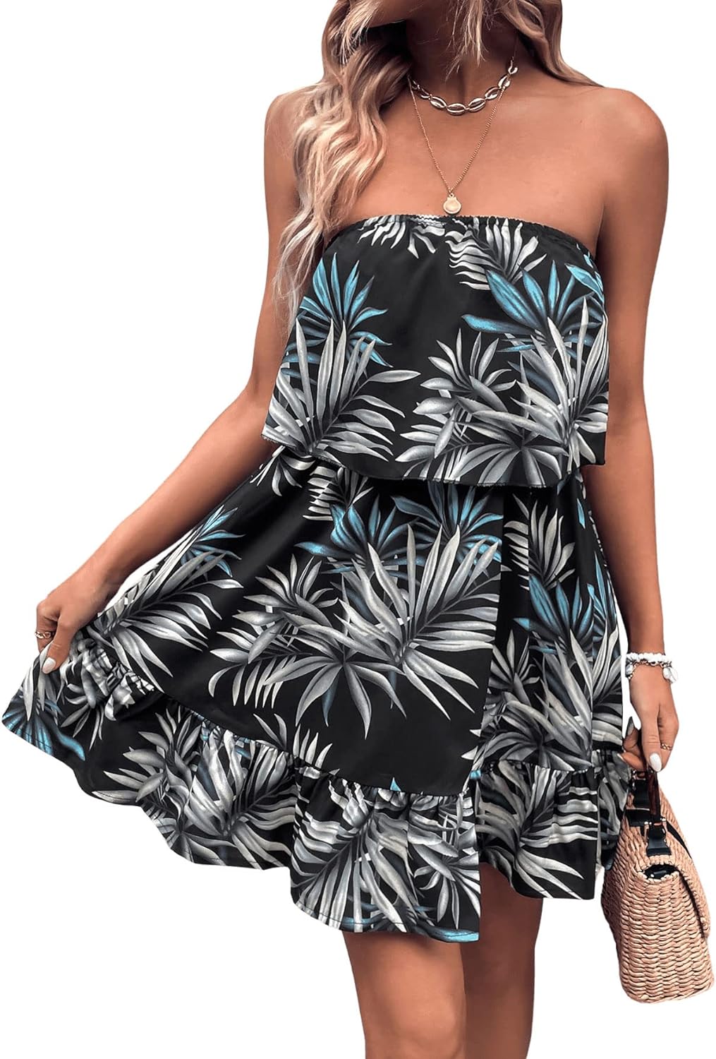 SOLY HUX Women' Floral Summer Beach Casual Sun Dresses Tropical Leaf Print Sleeveless Ruffle Hem Tube Mini Dress