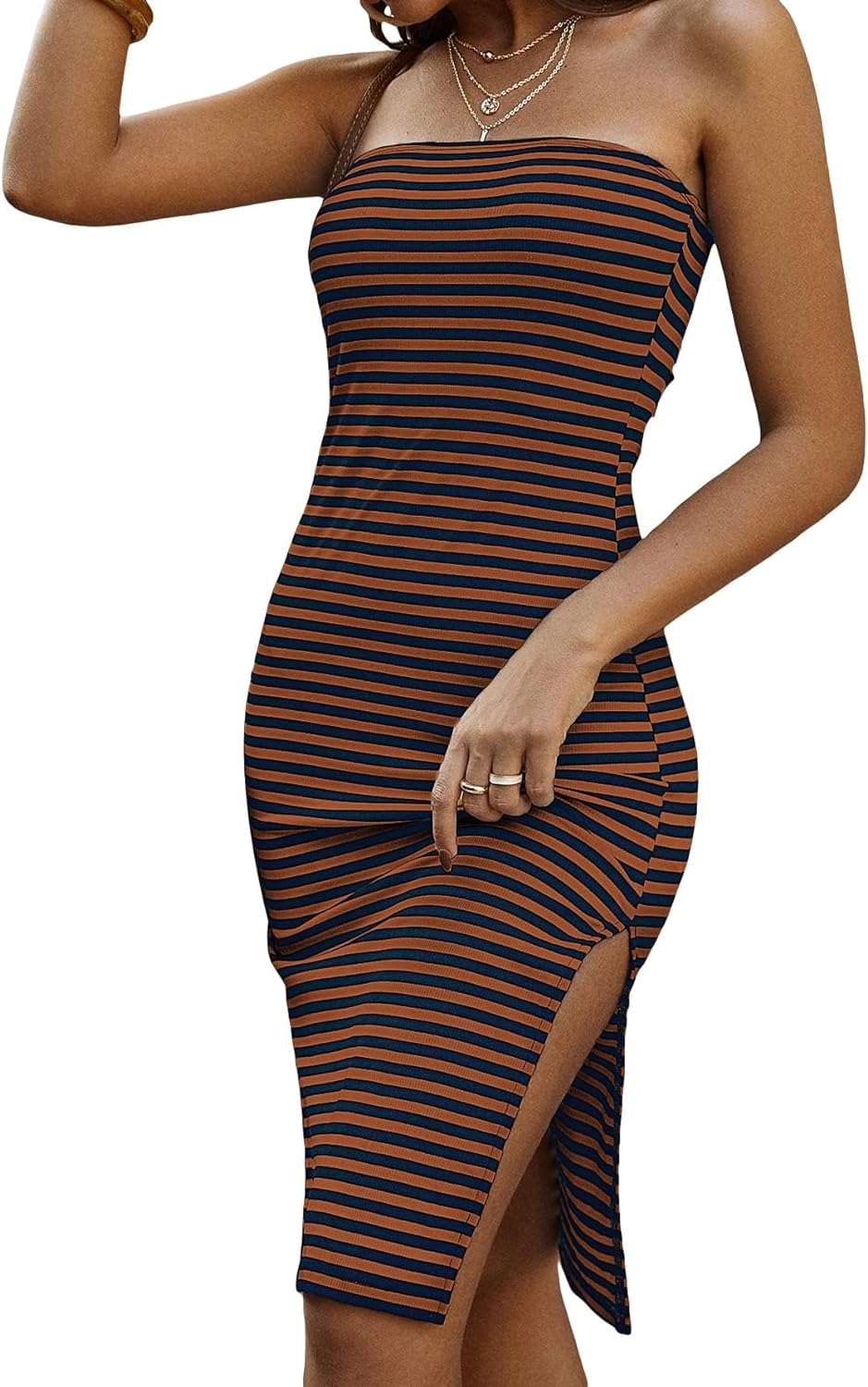 SOLY HUX Women' Strapless Striped Tube Dresses Casual Summer Sun Dress Split Thigh Bodycon Midi Dresses