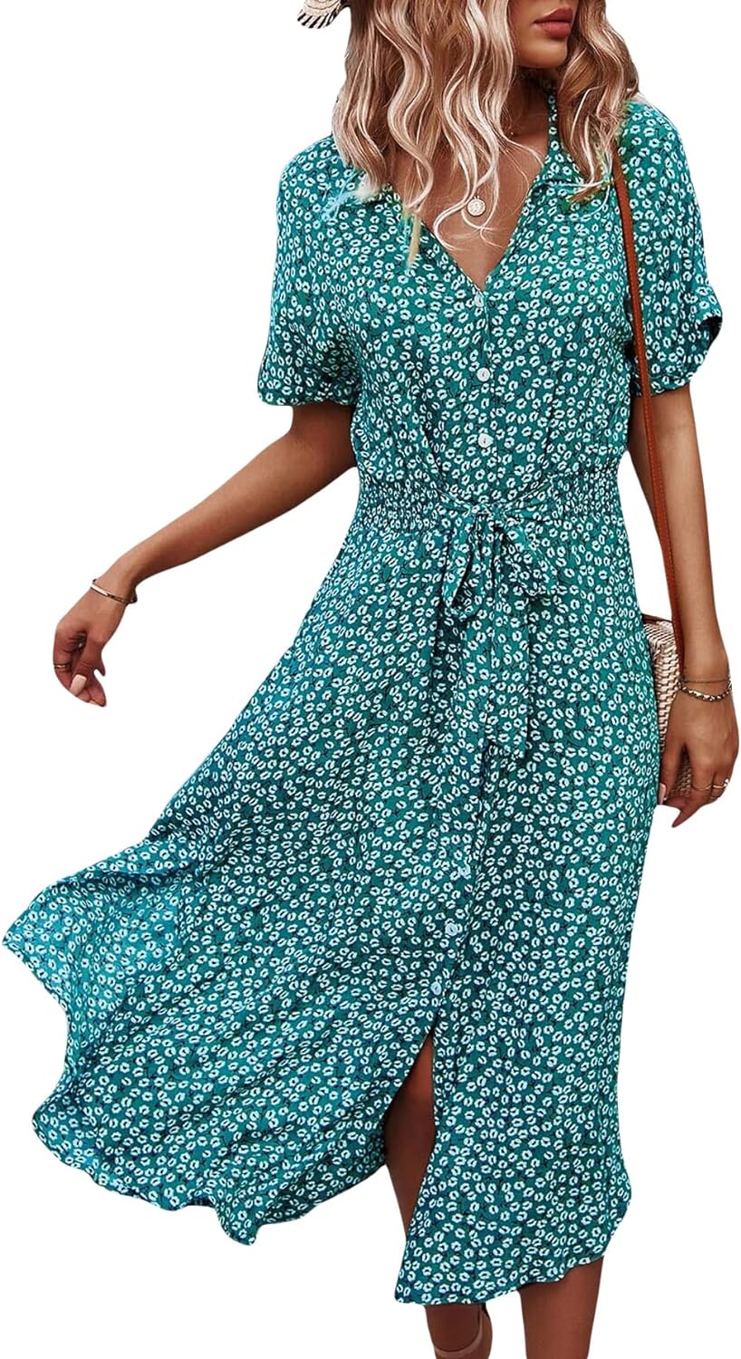 SOLY HUX Womens Summer Dress Casual Ditsy Floral Tie Front Button Up Boho Midi Tshirt Dresses