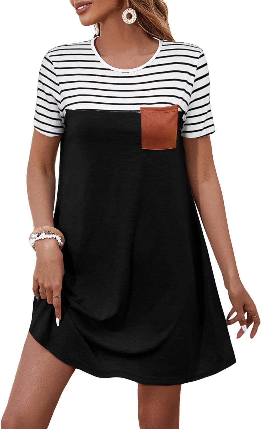 SOLY HUX Women' Striped Short Sleeve Tshirt Dresses Colorblock Button Summer Dress