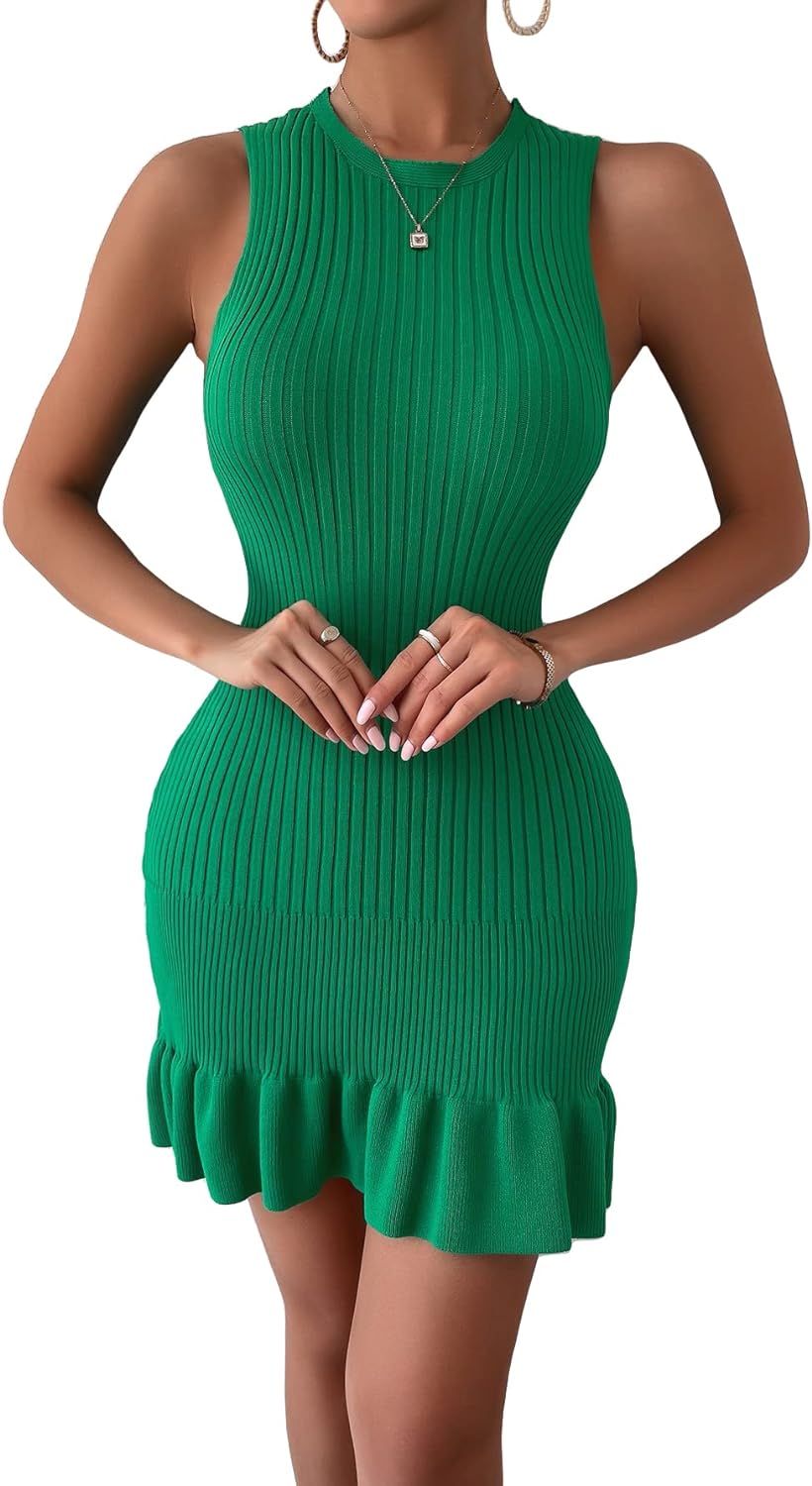 SOLY HUX Women' Sexy Sleeveless Bodycon Dress Ruffle Hem Ribbed Knit Sweater Slim Fit Ruched Stretchy Tank Mini Dresses