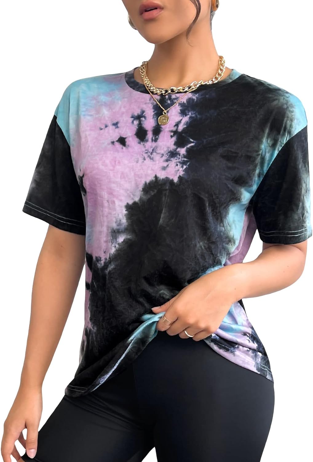 SOLY HUX Women' Tie Dye T Shirts Short Sleeve Round Neck Shirts Casual Summer Tees Tops