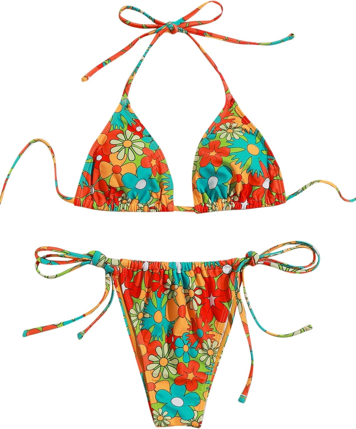 SOLY HUX Women' Floral Print 2 Piece Swimsuits Cute Bikini Set Halter Triangle Sexy Bathing Suit