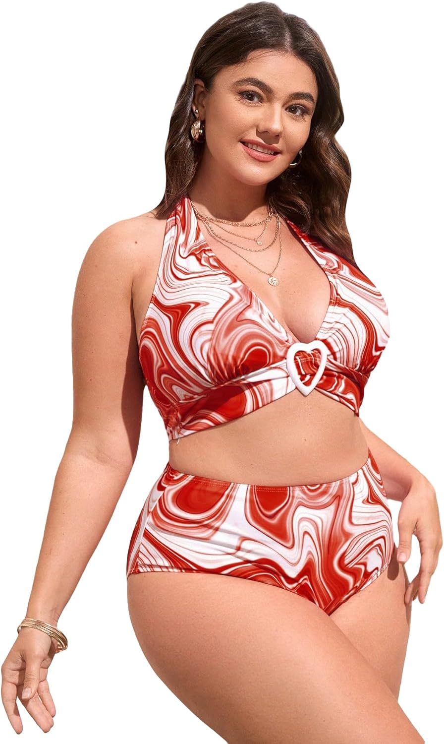 SOLY HUX Women' Plus Size Allover Print Halter High Waisted Bikini Set Bathing Suits 2 Piece Swimsuits