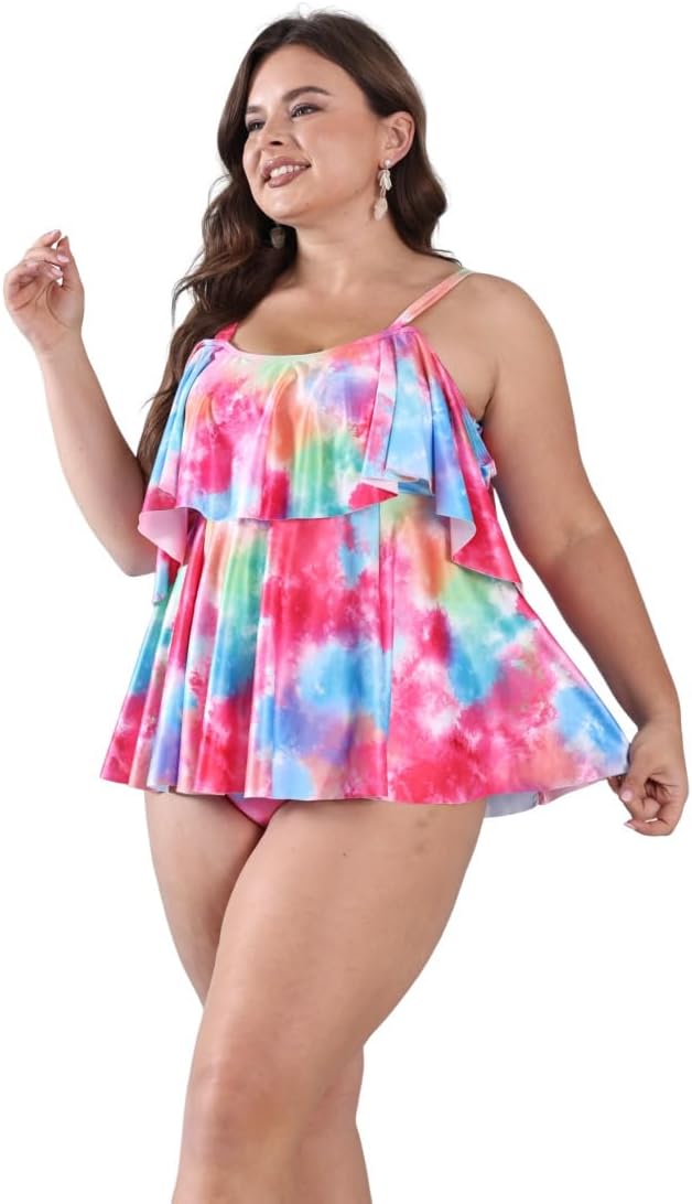 SOLY HUX Plus Size 2 Piece Tankini Floral Print Swimsuit Ruffle Trim Bikini Set Tummy Control Bottom Bathing Suit