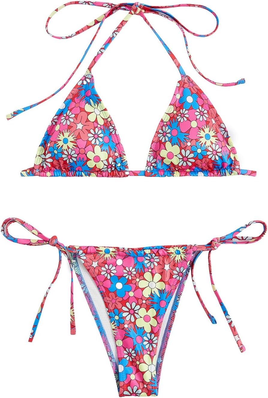 SOLY HUX Women' Floral Print 2 Piece Swimsuits Cute Bikini Set Halter Triangle Sexy Bathing Suit