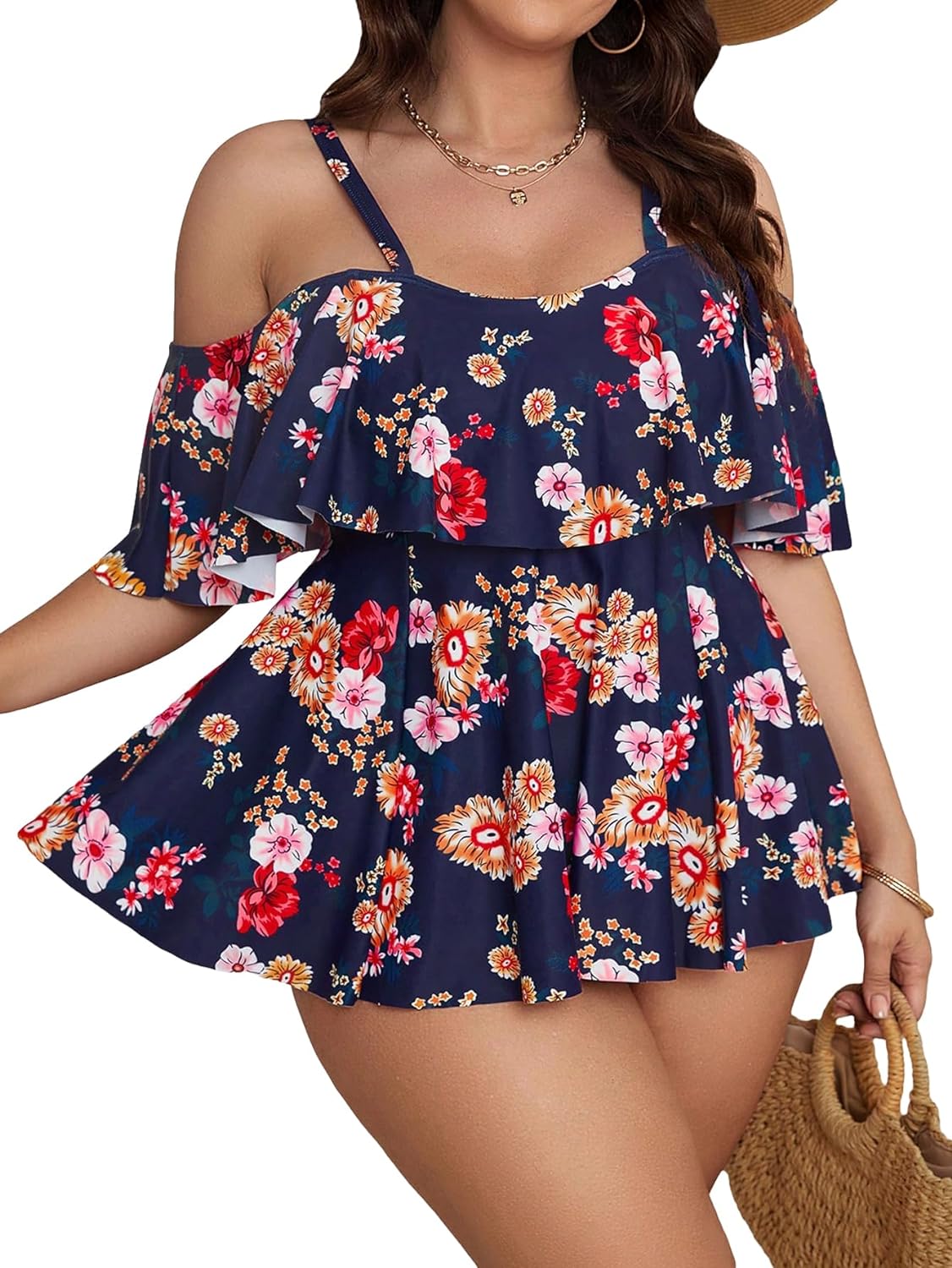 SOLY HUX Plus Size 2 Piece Tankini Floral Print Swimsuit Ruffle Trim Bikini Set Tummy Control Bottom Bathing Suit