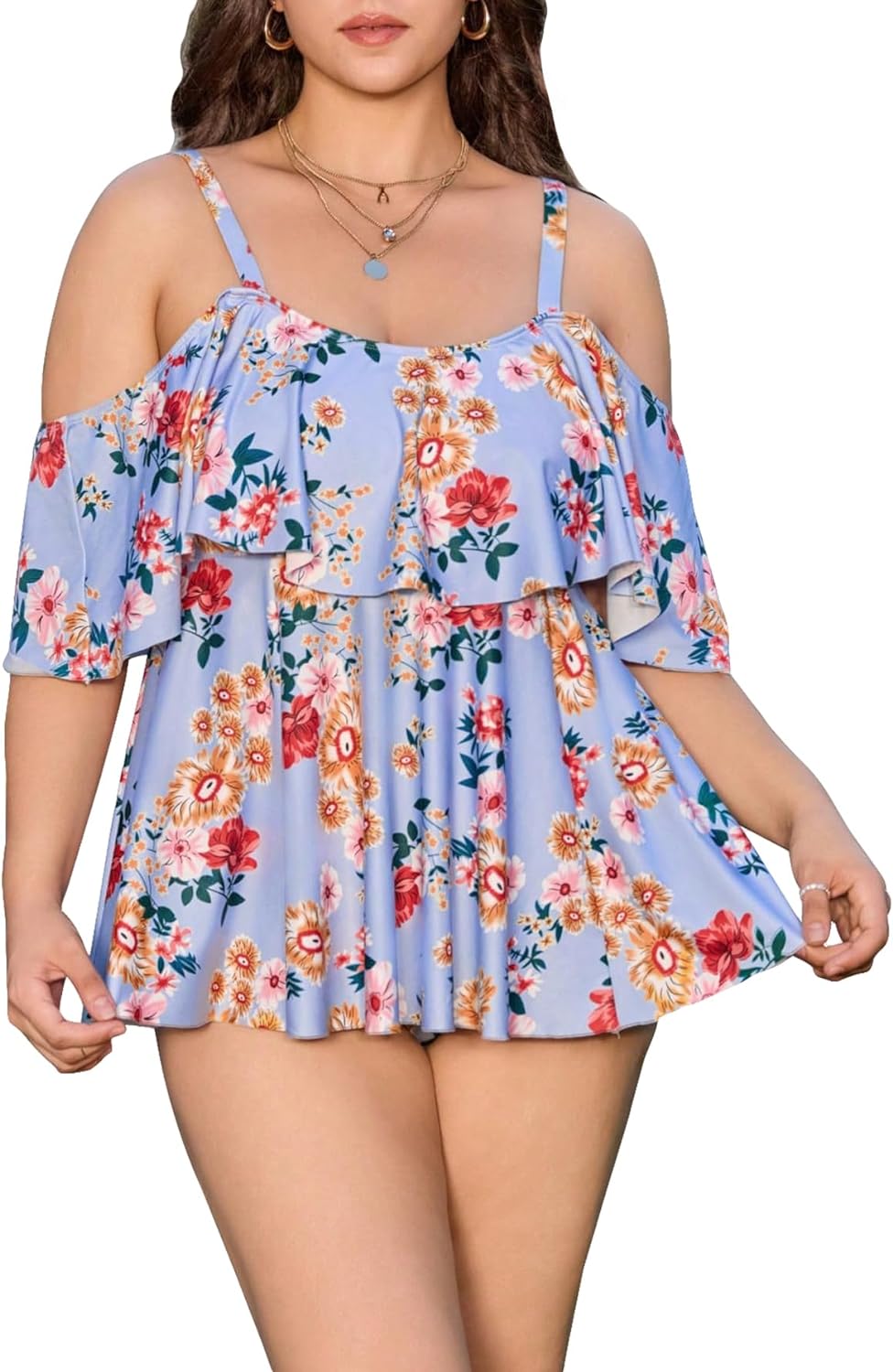 SOLY HUX Plus Size 2 Piece Tankini Floral Print Swimsuit Ruffle Trim Bikini Set Tummy Control Bottom Bathing Suit