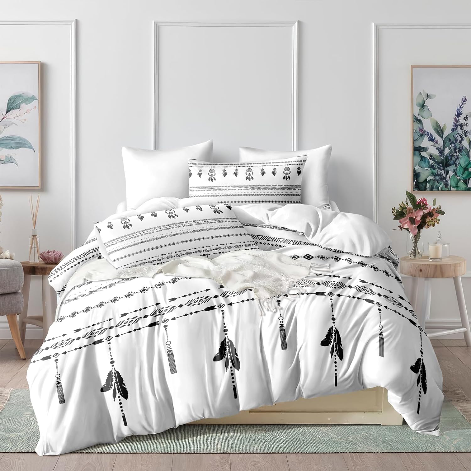 Bedbay Boho Comforter Set Queen Size Dream Catcher Bedding Soft Microfiber Dreamcatcher Aztec Printed Bohemian Bedding 3 Pcs 1 Botanical Striped Comforter 2 Pillowcases(White,Queen)