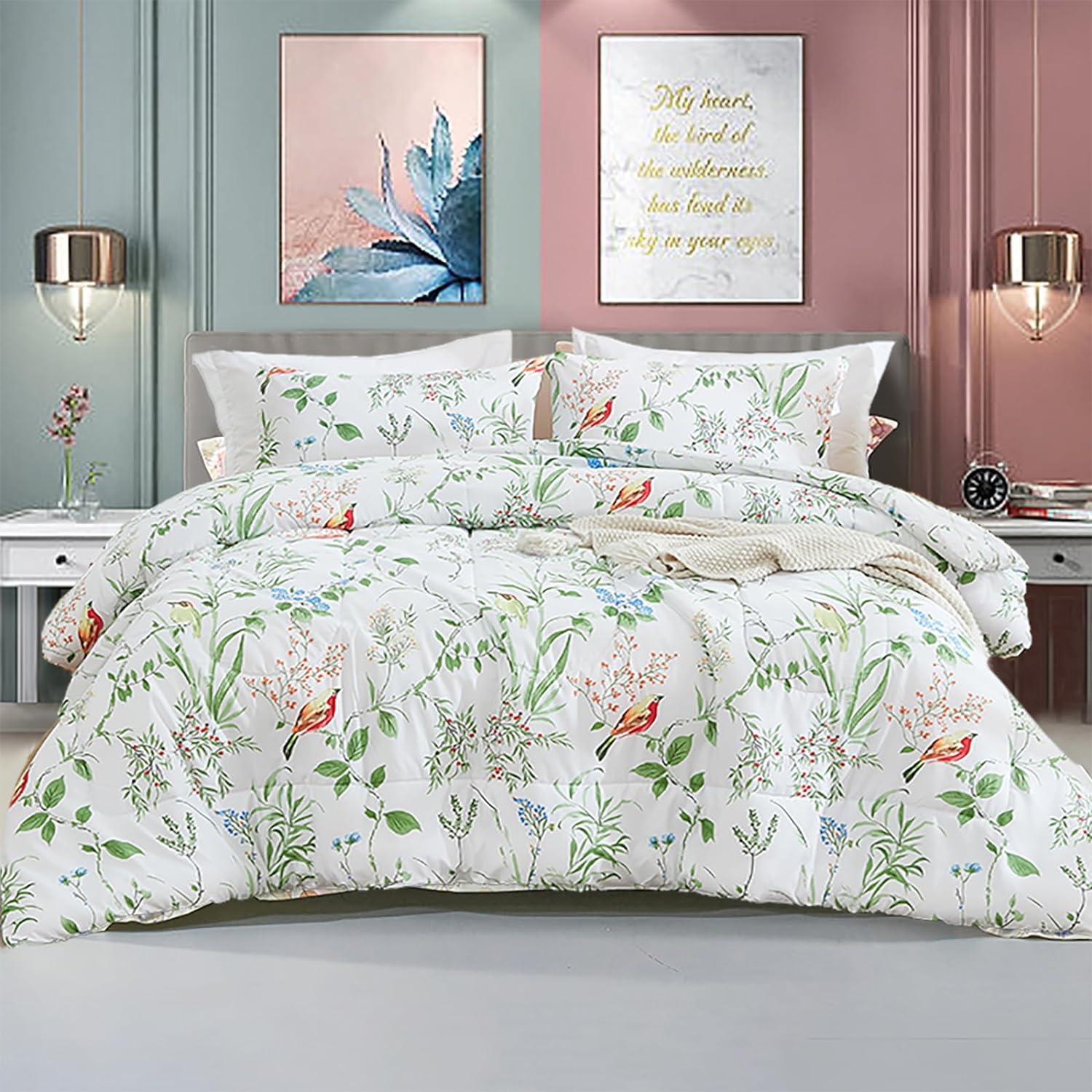 Bedbay Floral Comforter Set Queen Size Green Botanical Bedding Sets 3Pcs Soft Microfiber Comforter Set Chic Garden Flowers and Birds Printed Faemhouse Bedding Set(Green,Queen)