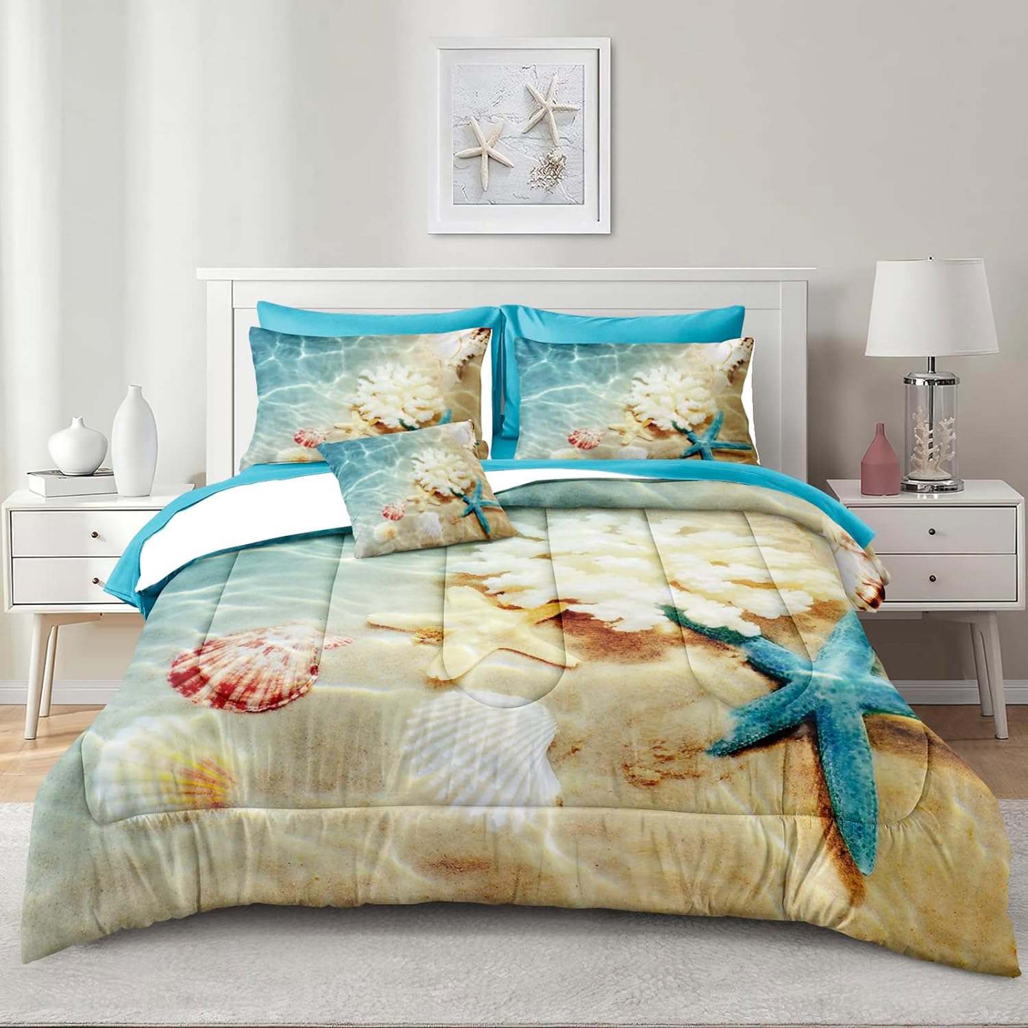 Bedbay Beach Themed Bedding Set Queen Beach Comforter Set 8 Pieces Ocean Bedding Queen Size Bed in a Bag Coastal Bedding Set Soft Microfiber Fluffy Comforter Bed Set (Ocean,Queen)