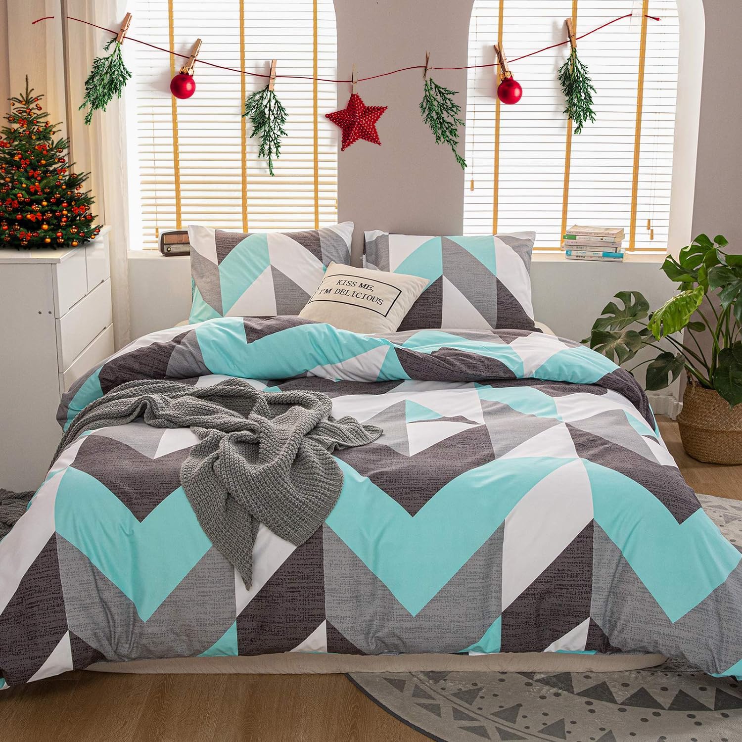 Bedbay Teal Queen Comforter Set Aqua Comforter se Gray and Teal Zig Zag Geometric Printed 3 Pcs Soft Warm Lighteweight Turquoise Comforter Set (Teal Grey, Queen)