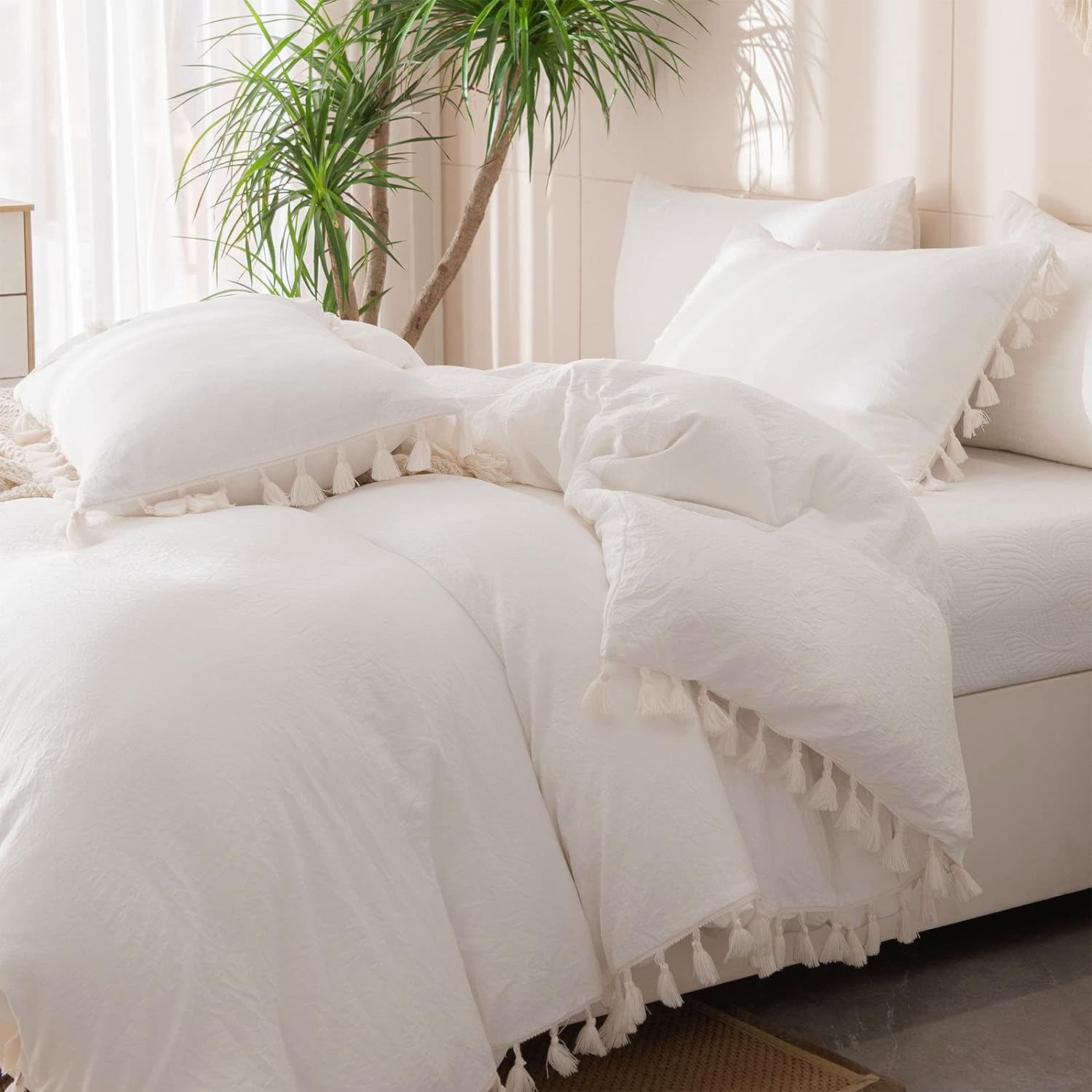 Bedbay White Comforter Set Queen Size Farmhouse Bedding Comforter Set 3 Pieces 100% Cotton Tassel Fringed Boho Modern Bed Set Soft Bedding for Women Men Girls(White,Queen)