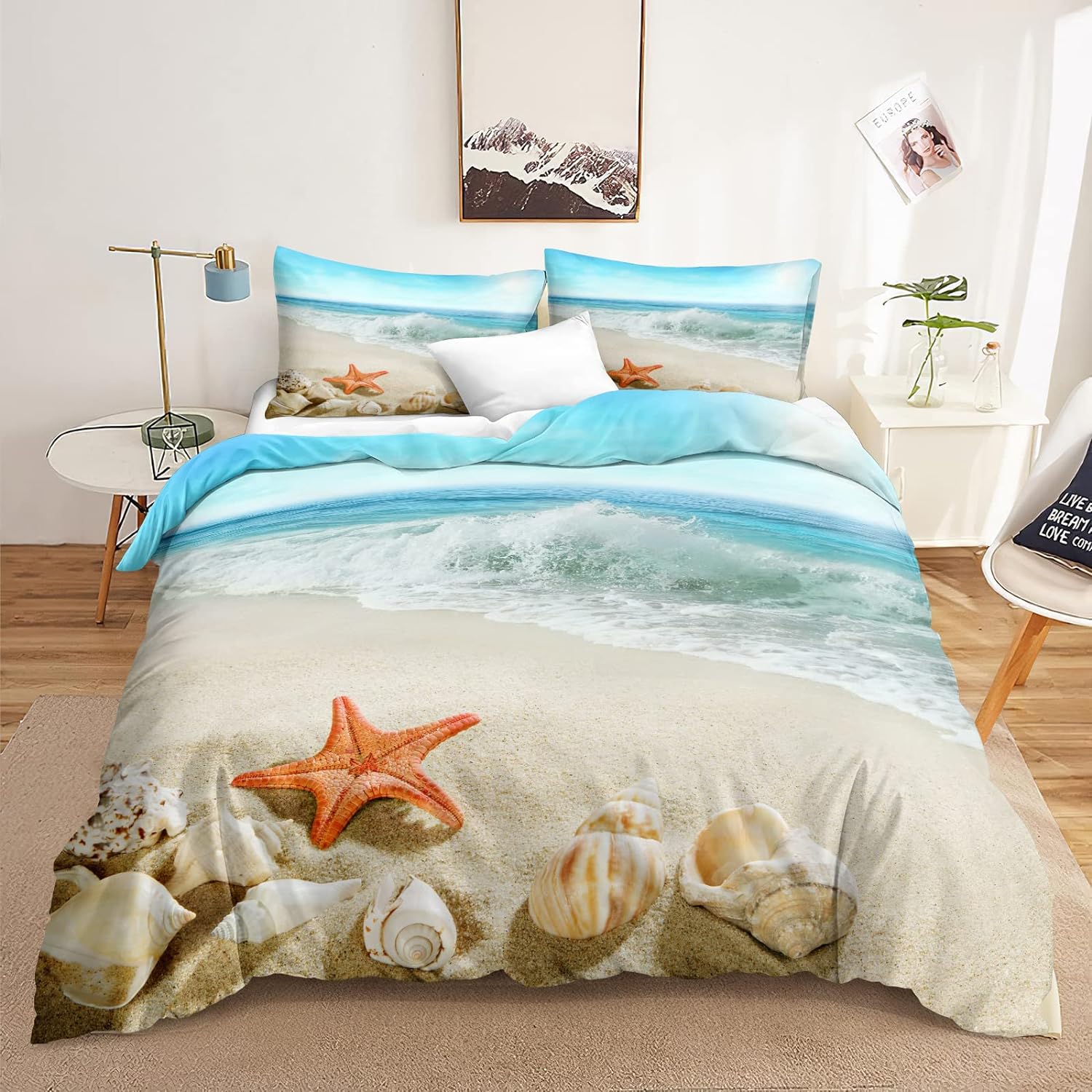 Bedbay King Duvet Cover Set Coastal Bedding Beach Duvet Cover Soft Microfiber 3 Pieces Lightweight Beach Quilt Cover Boys Girls Beach Themed Bedding Set 2 Pillowcases 1 Duvet Cover(Aqua,King)