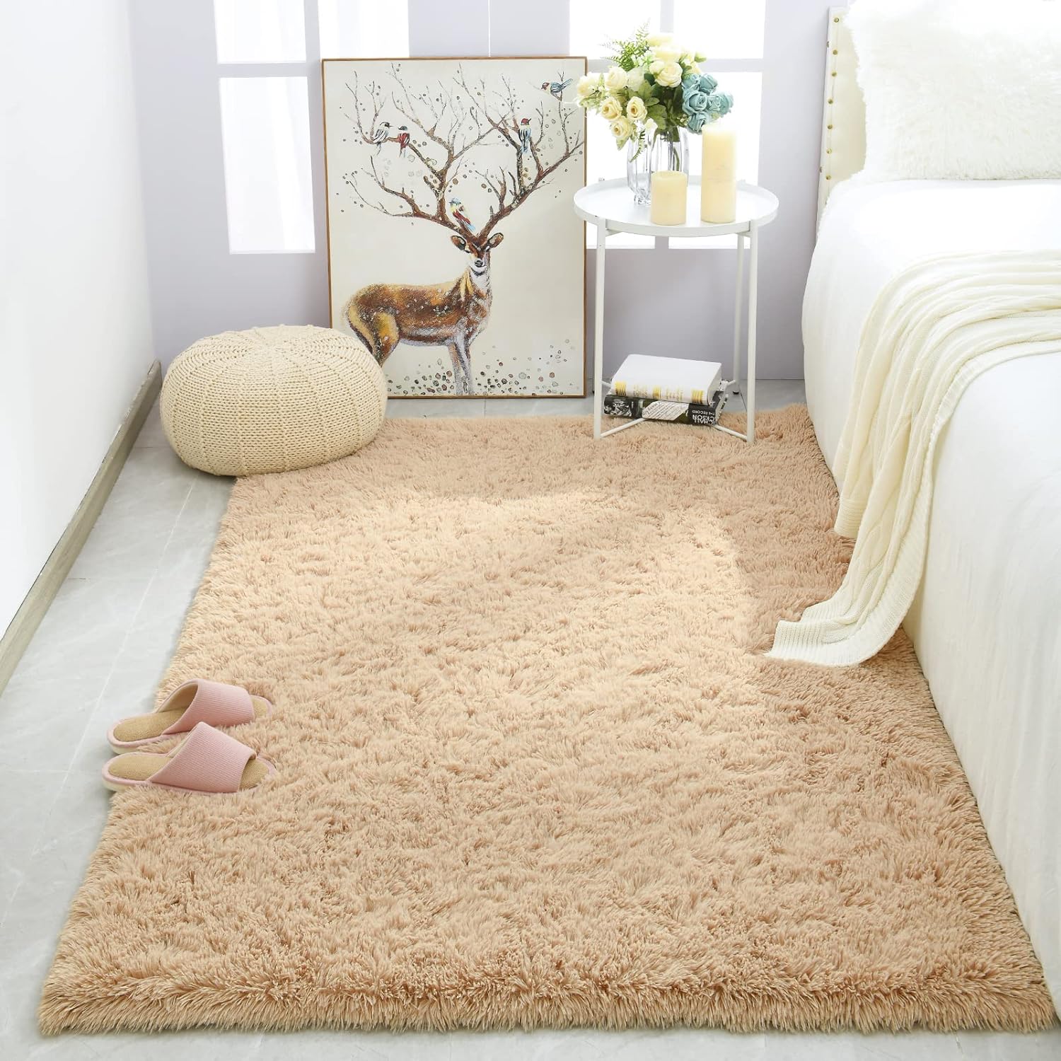 Merelax Soft Modern Indoor Shaggy Rug for Bedroom Livingroom Dorm Kids Room Home Decorative, Non-Slip Plush Fluffy Furry Fur Area Rugs Comfy Nursery Accent Floor Carpet 3x5 Feet, Light Tan