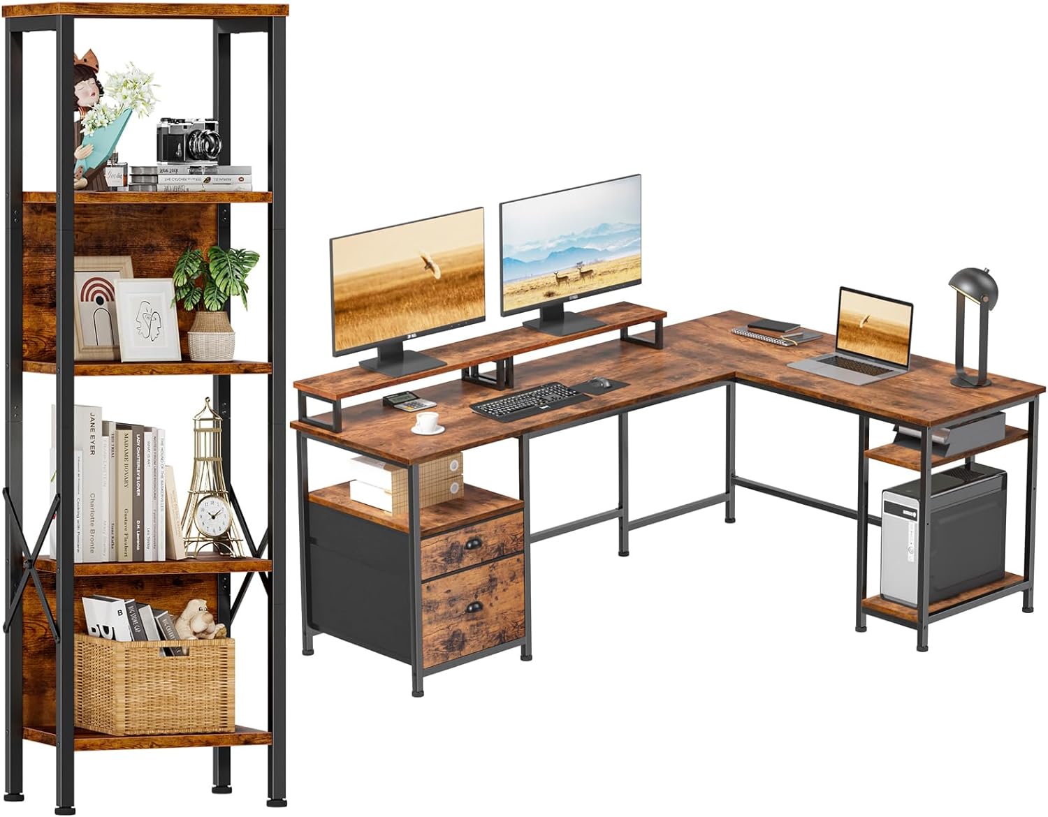 Furologee 66 Computer Desk and Bookshelf Set, Reversible L Shaped Desk with Power Outlet, 5 Tier Tall Bookshelf with Back, Desk with File Drawer & 2 Monitor Stands, Rustic Metal Standing Shelf Units