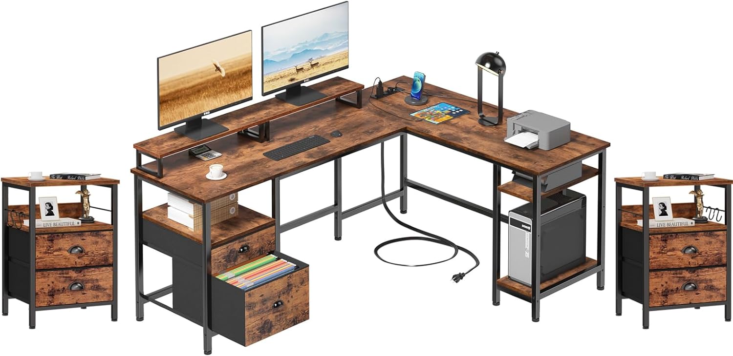 Furologee 66 L Shaped Desk and Nightstand, Computer Desk with File Drawer & Power Outlet, End Table with Fabric Drawers, Home Office Desk for Home Office