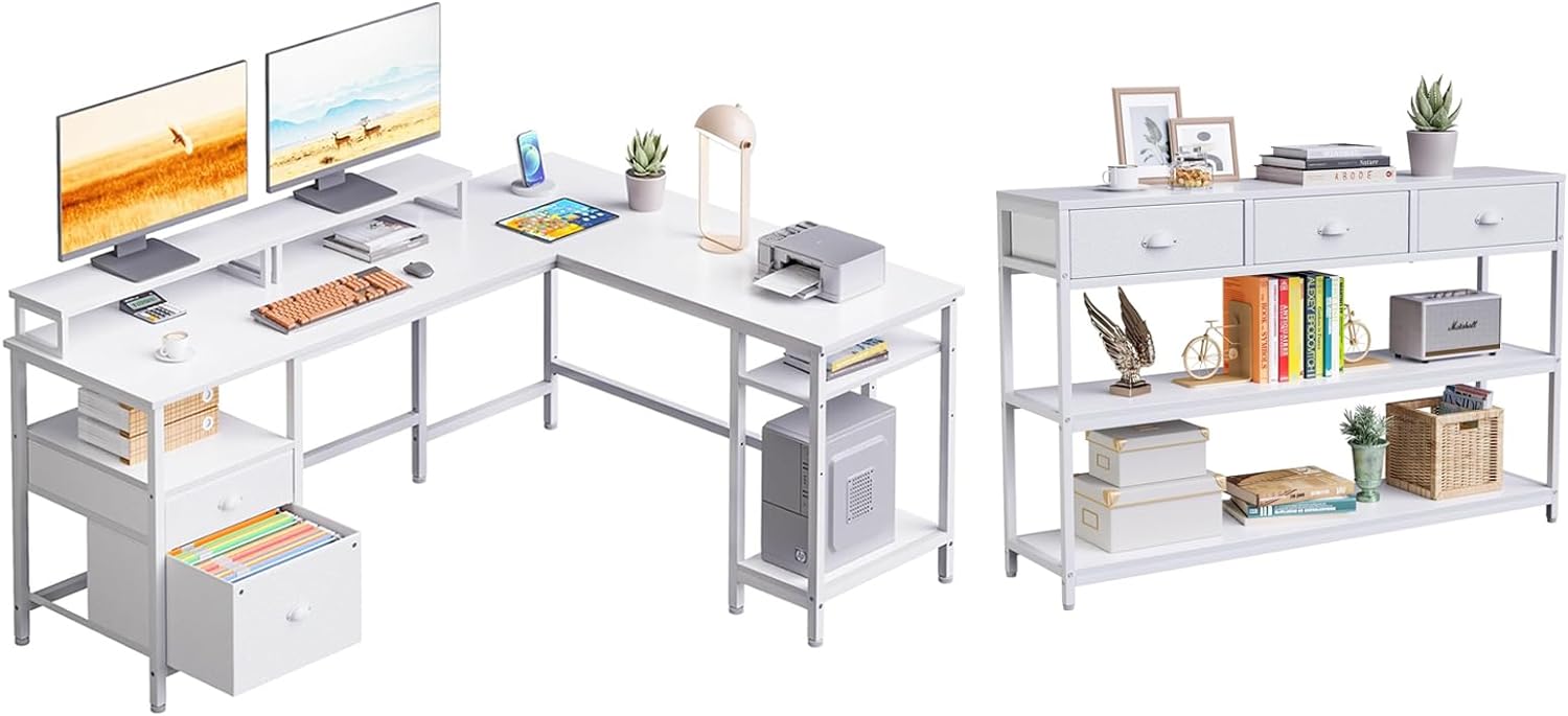 Furologee White 66 L Shaped Desk with Shelves, White Long 47 Console Sofa Table with 3 Drawers