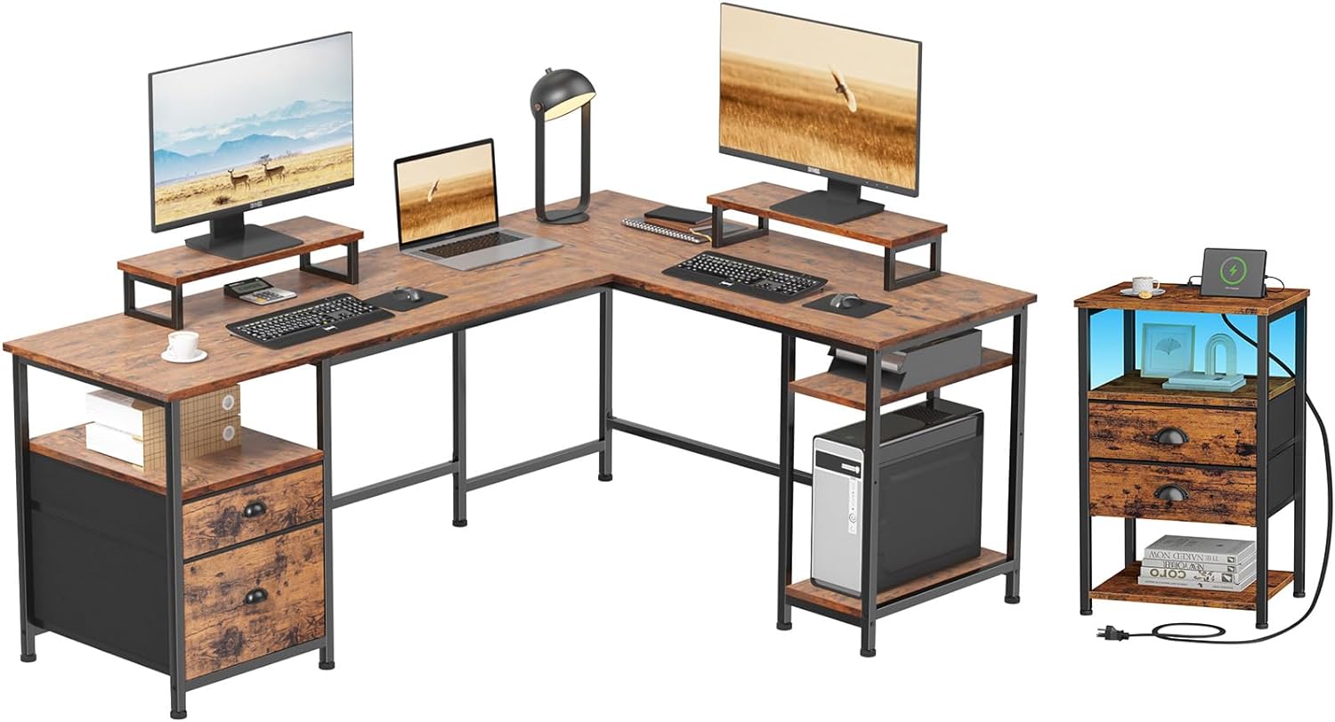 Furologee 66 L Shaped Computer Desk and Nightstand, Reversible Corner Gaming Desk with File Drawer, LED Night Stand with 2 Drawers and Charging Station, for Home Office