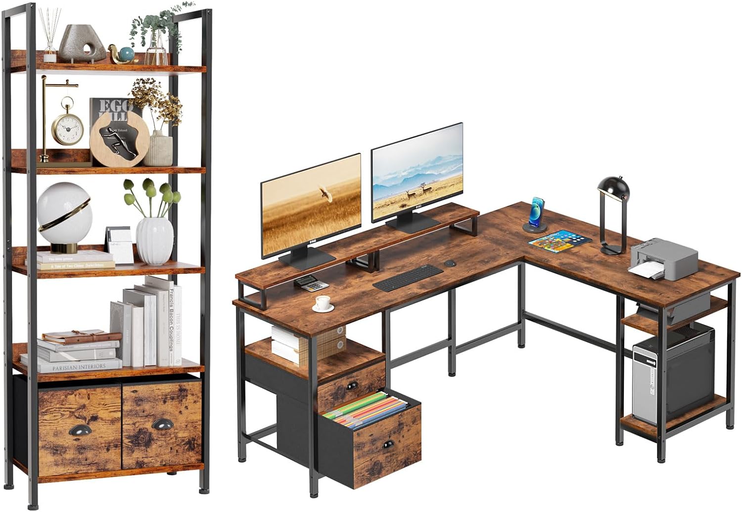 Furologee 66 L Shaped Computer Desk and 5-Tier Bookshelf, Corner Gaming Desk with File Drawer, Tall Bookcase with 2 Storage Drawers for Living Room, Home Office, Bedroom, Rustic Brown