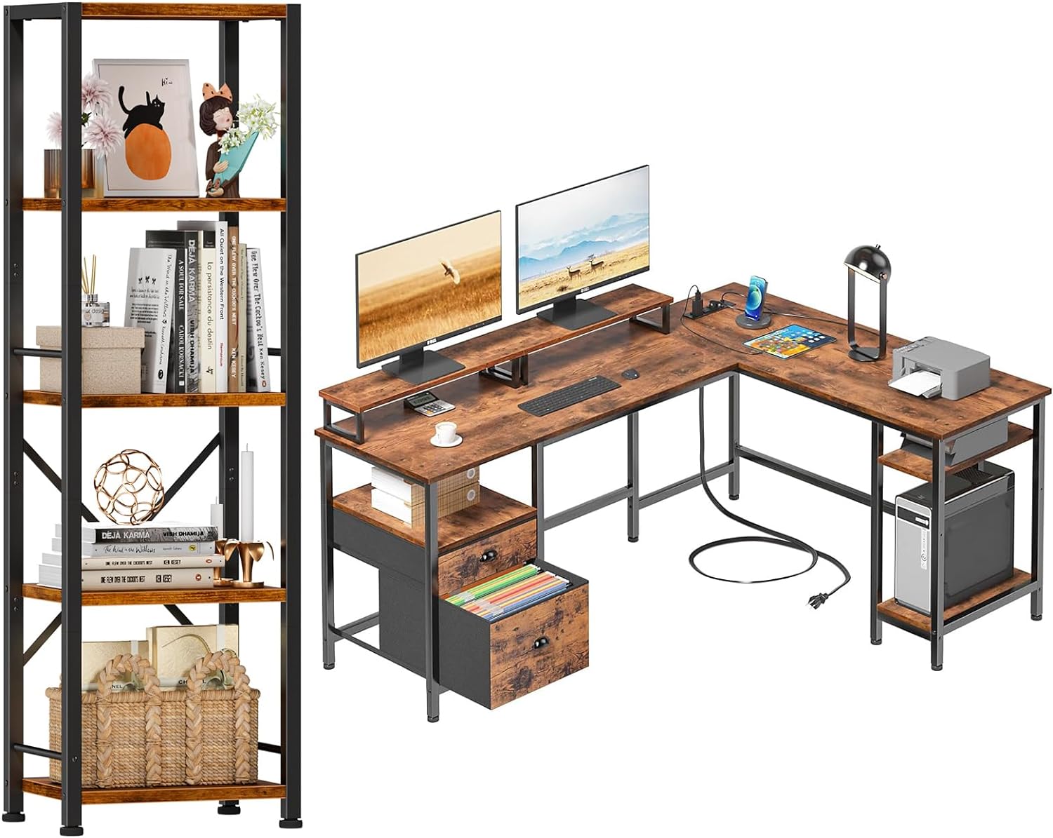 Furologee L Shaped Desk and Bookshelf, 66 Computer Desk with Power Outlet, 5 Tier Tall Narrow Bookcase, Reversible Office Desk with File Drawer & 2 Monitor Stands, Display Standing Shelf Units