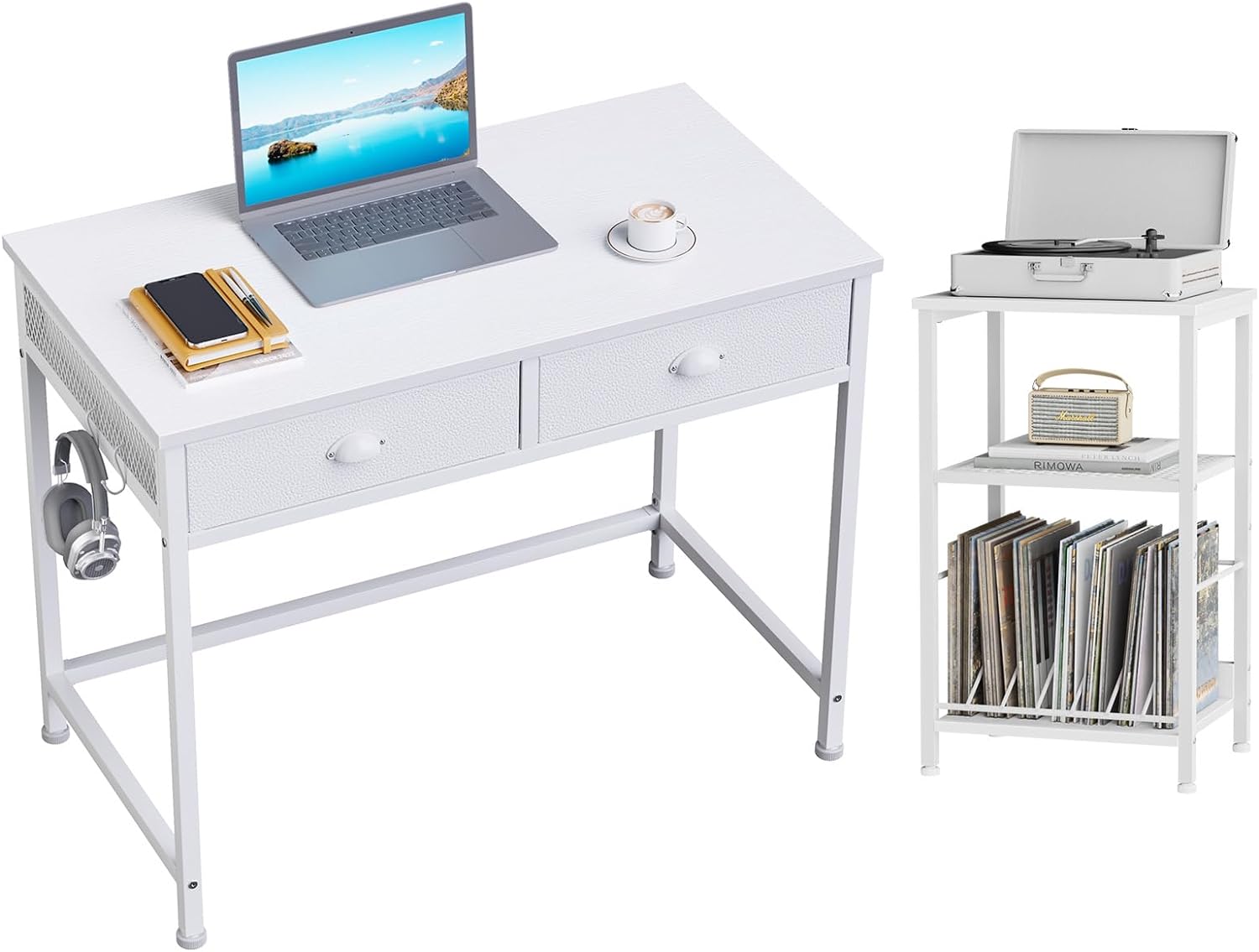 Furologee White Computer Desk and Record Player Stand, Small Desk with 2 Fabric Drawers, White Nightstand Vinyl Record Player Stand Storage Up to 100 Albums