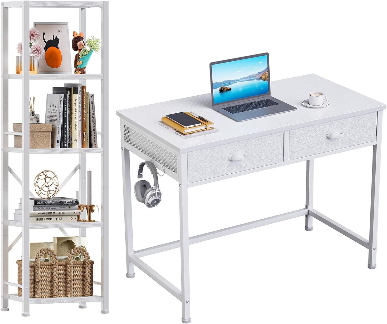 Furologee White Computer Desk and Bookshelf Set, Writing Desk with 2 Fabric Drawers and Hooks, White 5 Tier Tall Narrow Bookcase