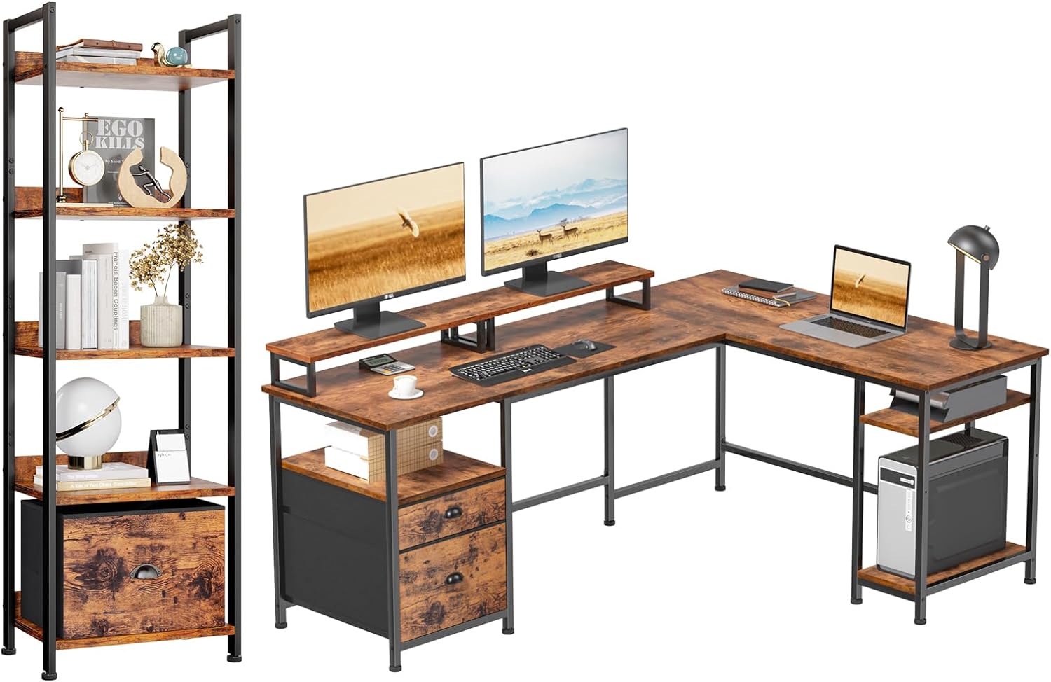 Furologee 66 L Shaped Computer Desk and 5 Tier Bookshelf with Drawer, Corner Gaming Desk with File Drawer and Dual Monitor Stand, Tall Wood and Metal Standing Shelf Unit