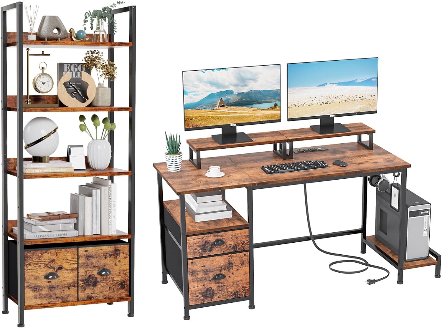 Furologee 55 Compter Desk and 5-Tier Bookshelf, Desk with Drawer and Outlets, Tall Bookcase with 2 Storage Drawers for Living Room, Home Office, Bedroom, Rustic Brown