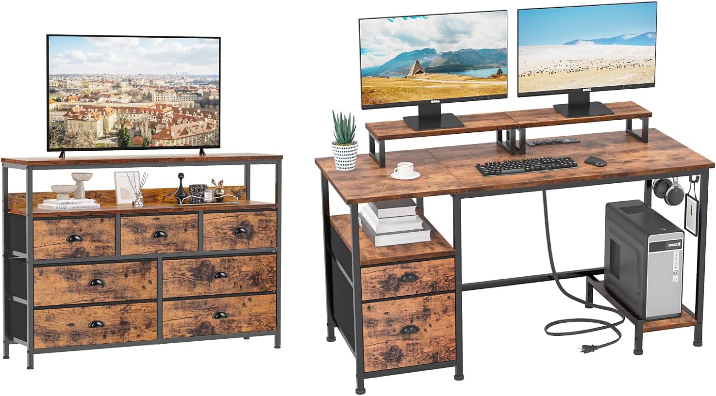 Furologee 47 Computer Desk with Power Outlets 2 Monitor Stands and Dresser TV Stand with 7 Drawers 2-Tier Open Shelves Rustic Brown Wooden and Storage Fabric Drawer Unit for Home Office Bedroom Livin