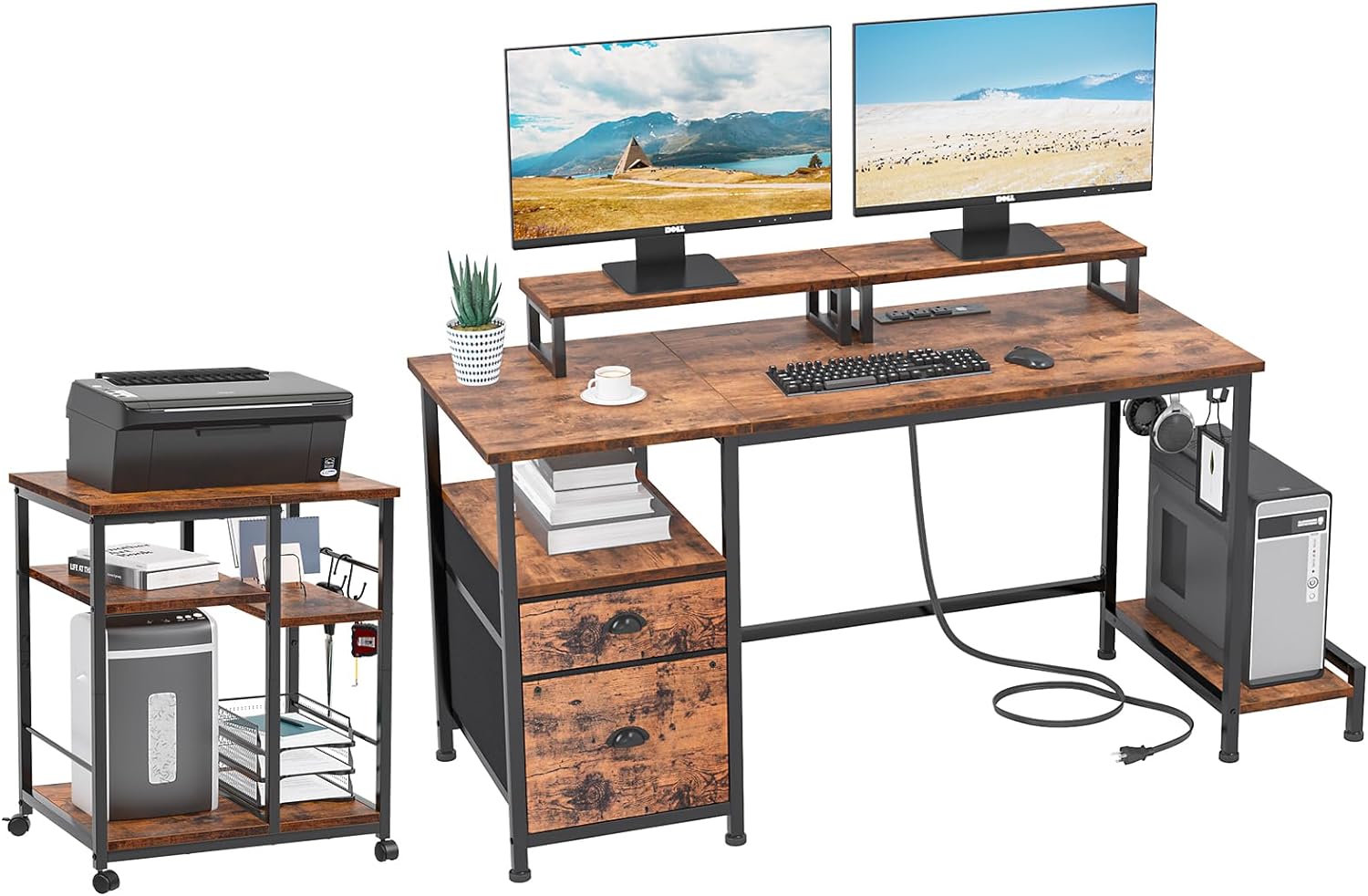 Furologee Computer Desk and Printer Stand, Desk with Power Outlets, 47 Office Desk with 2 Monitor Stands and Fabric File Cabinet, 3 Tier Printer Table with Wheels and 2 Hooks, for Home Office